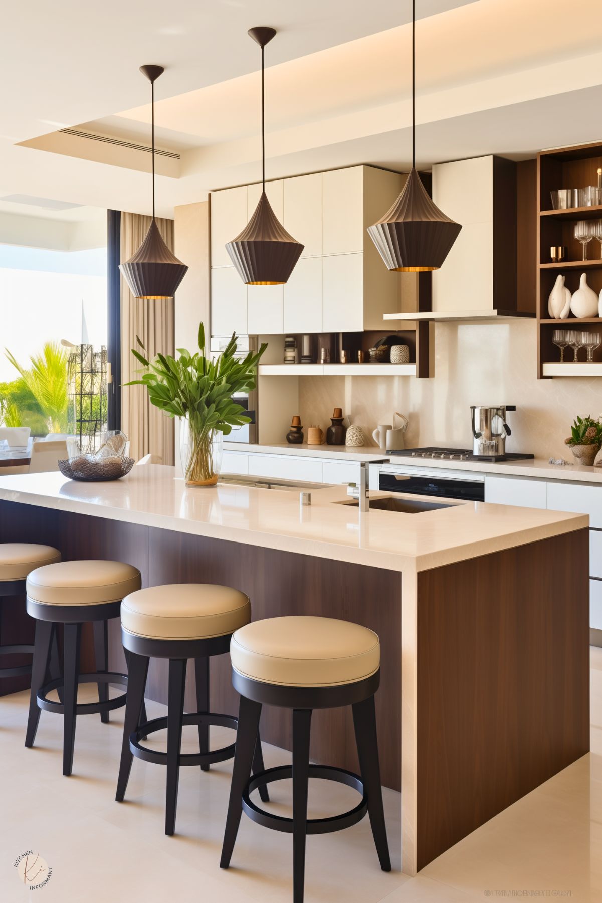 A stylish kitchen with warm beige and deep brown tones, featuring a sleek island with a waterfall countertop. Three sculptural pendant lights hang above, complementing the modern design. Beige leather barstools with black legs add contrast, while open shelving and minimalist cabinetry enhance the clean aesthetic. Large windows bring in natural light, creating an inviting and airy atmosphere.