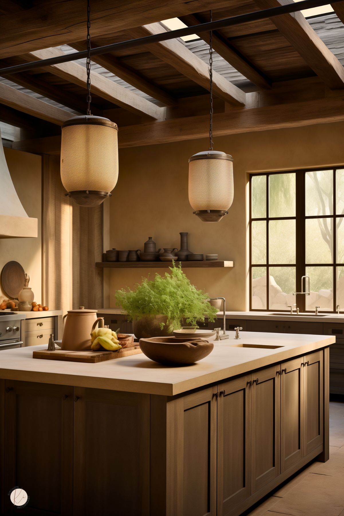 A rustic kitchen with warm beige tones, natural wood cabinetry, and an expansive island. Soft pendant lighting hangs from a wooden beam ceiling, enhancing the cozy ambiance. A large window allows natural light to highlight the earthy textures, while open shelving and simple decor create a timeless, organic feel.