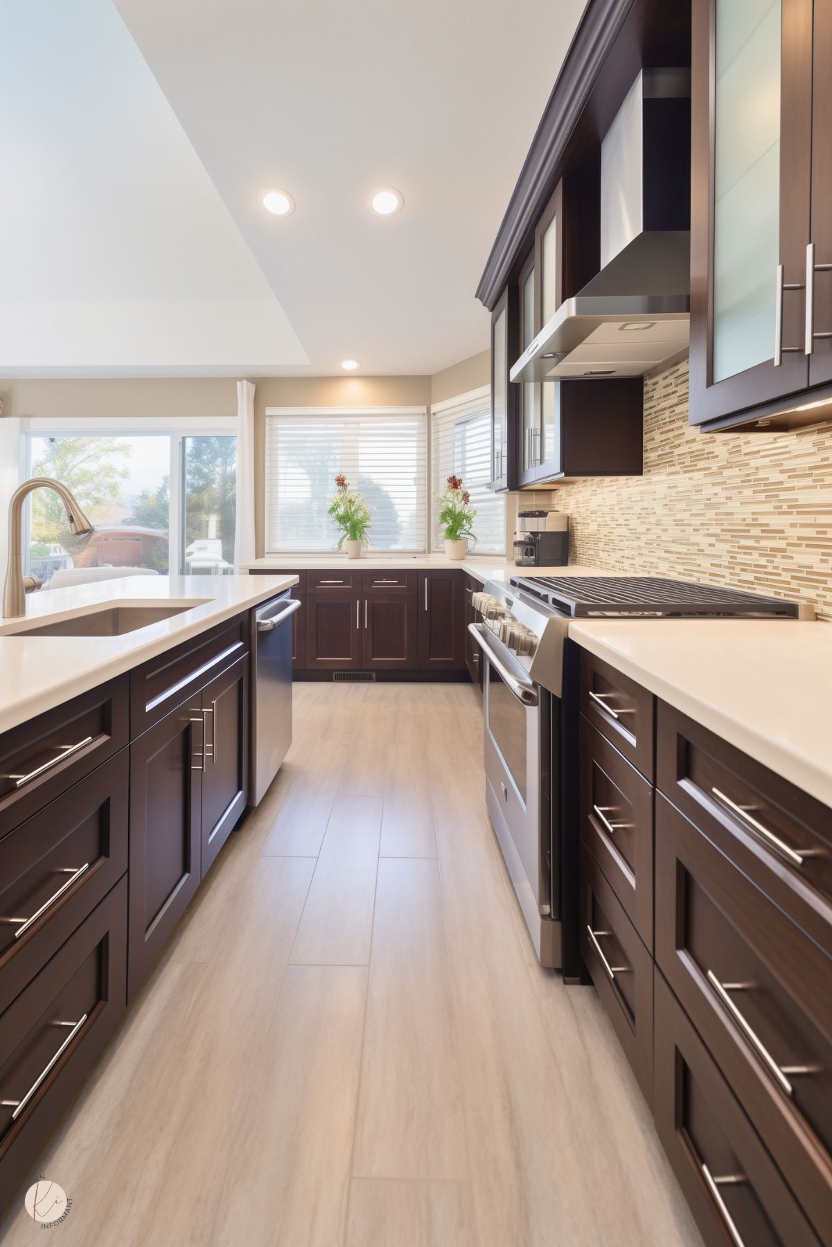 A sleek galley kitchen with deep brown cabinetry, white countertops, and a mosaic tile backsplash. Stainless steel appliances and modern hardware add a contemporary touch, while large windows and sliding glass doors bring in natural light, creating an open and airy feel.