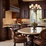 This image showcases a luxurious kitchen with deep brown cabinetry, beige stone countertops, and elegant detailing. The space features a large round dining table with a marble top and intricately carved wooden chairs with brown leather upholstery. A classic chandelier hangs above, complementing the traditional aesthetic. The kitchen includes a professional-grade gas range, a custom range hood, and a large window over the sink, allowing natural light to highlight the warm tones.