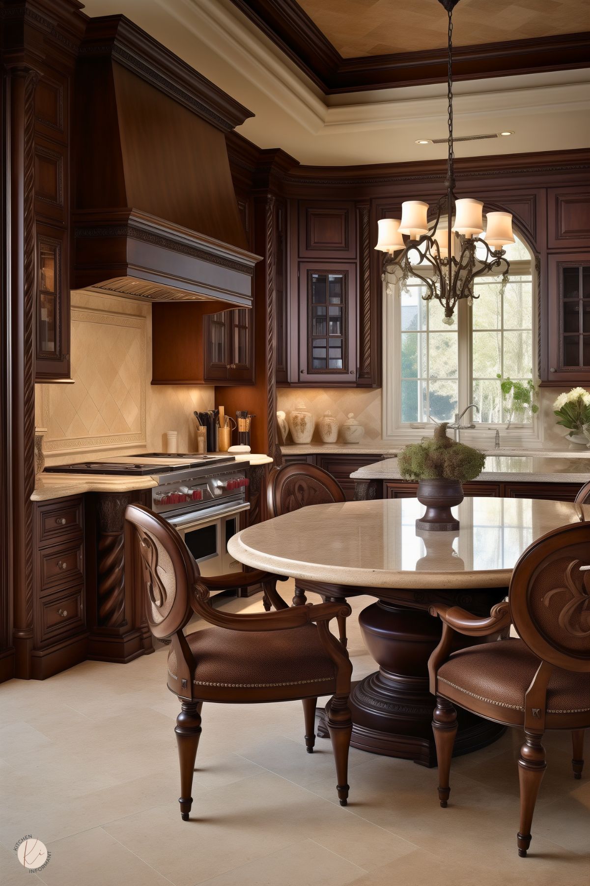 This image showcases a luxurious kitchen with deep brown cabinetry, beige stone countertops, and elegant detailing. The space features a large round dining table with a marble top and intricately carved wooden chairs with brown leather upholstery. A classic chandelier hangs above, complementing the traditional aesthetic. The kitchen includes a professional-grade gas range, a custom range hood, and a large window over the sink, allowing natural light to highlight the warm tones.