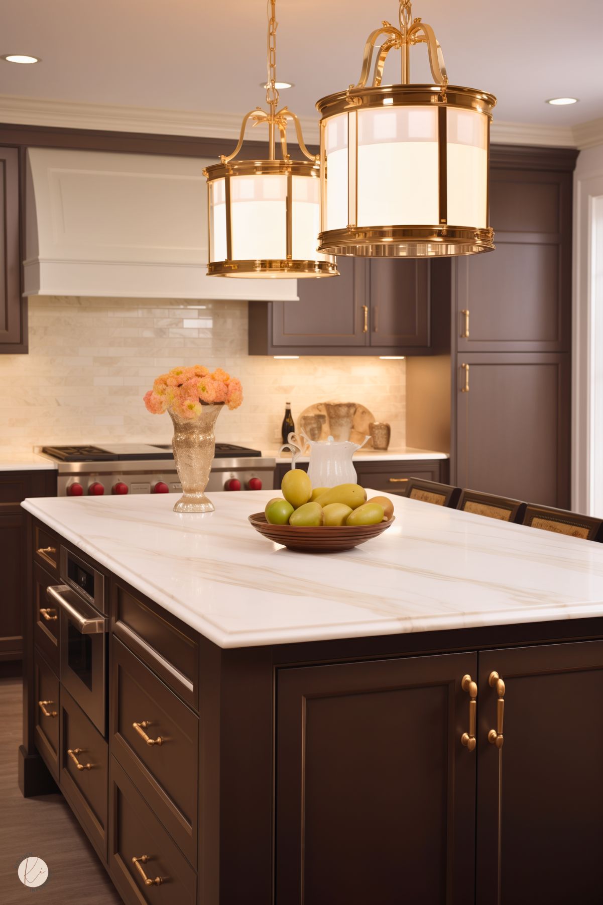 A classic kitchen with deep brown cabinetry, a white marble island, and gold accents. Two elegant pendant lights with gold frames hang above the island, adding warmth. A beige tile backsplash and a white range hood contrast beautifully with the dark cabinetry. Decorative touches like a vase with flowers and a bowl of fresh fruit complete the inviting space.