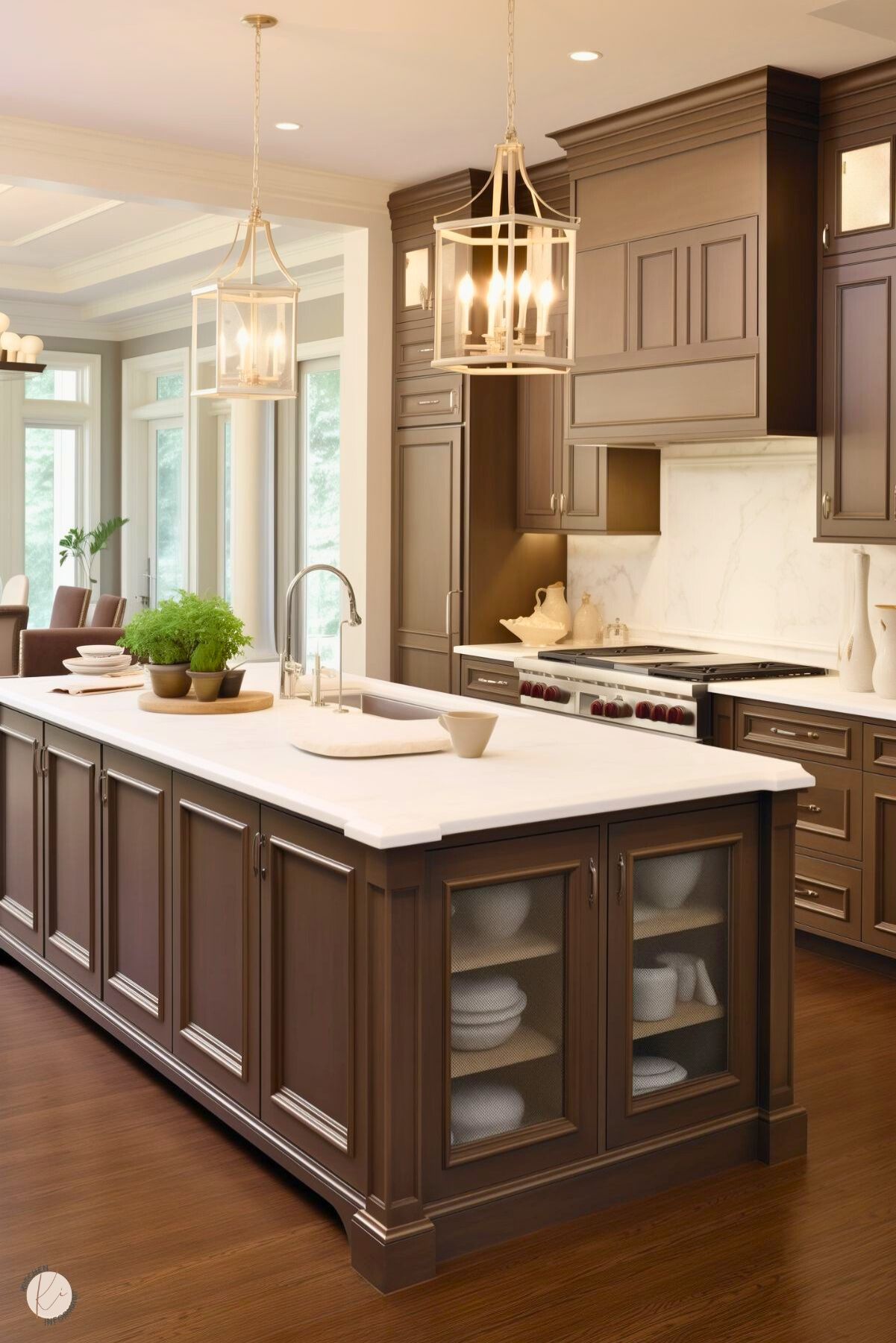 A refined kitchen with deep brown cabinetry, white marble countertops, and elegant pendant lighting. The spacious island features glass-paneled cabinets for display storage, while a marble backsplash adds a luxurious touch. Large windows bring in natural light, enhancing the open and inviting atmosphere.