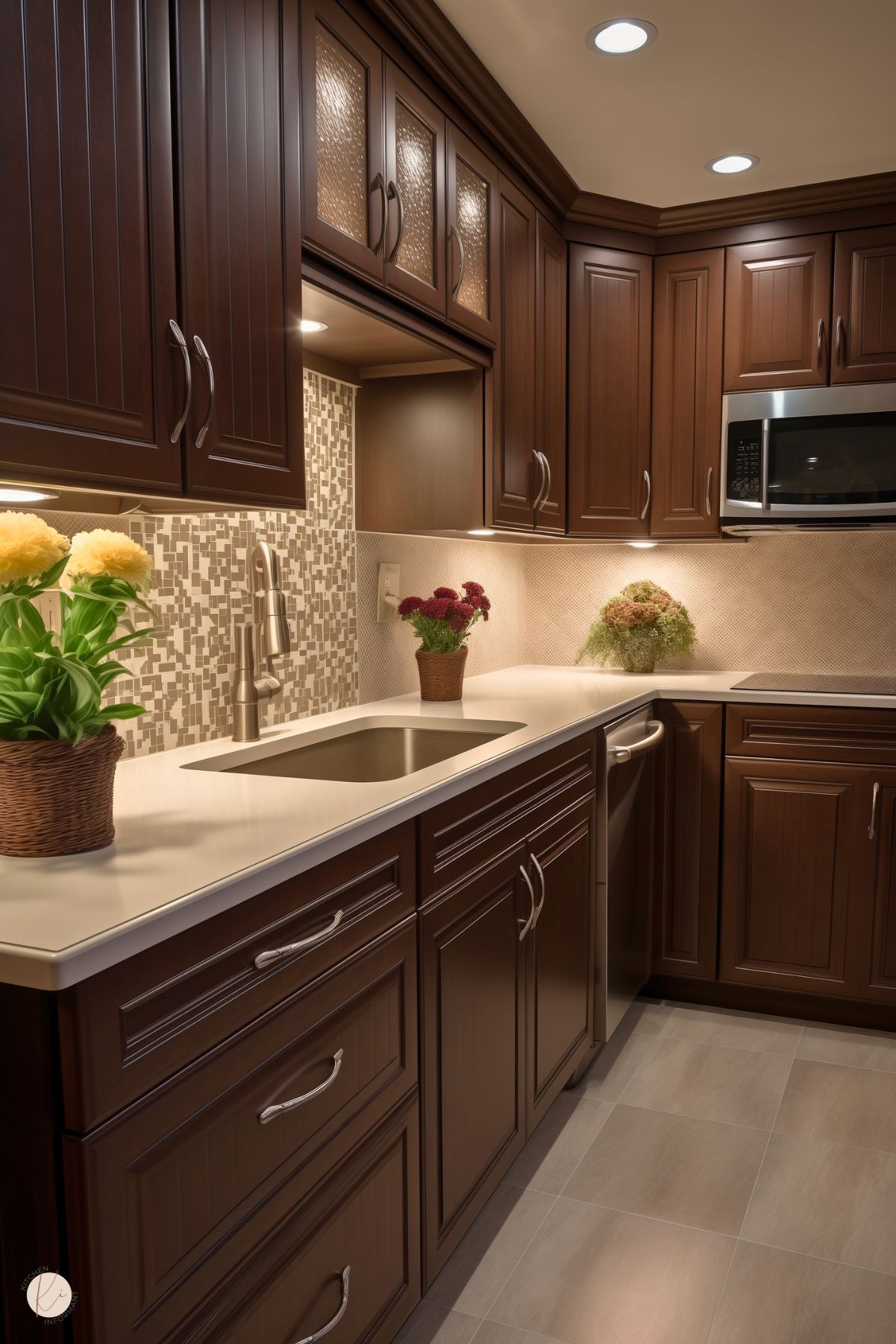 A cozy kitchen with rich brown cabinetry, white countertops, and a mosaic tile backsplash. Under-cabinet lighting highlights the elegant details, while stainless steel appliances add a modern touch. Decorative plants and flowers enhance the warm, inviting atmosphere.