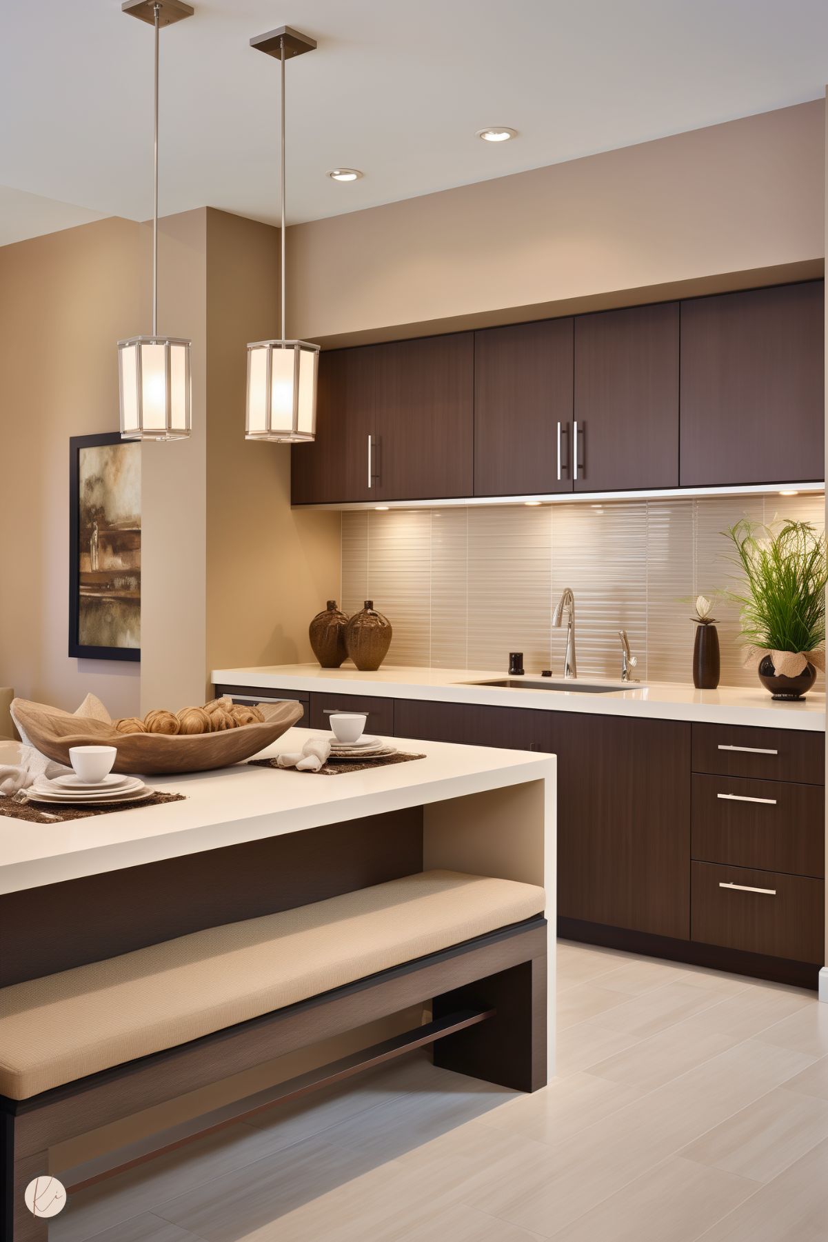 A modern kitchen with deep brown cabinetry, white quartz countertops, and a built-in bench seating area. Two pendant lights hang above the island, and a beige tile backsplash adds texture. Minimalist decor, including a wooden bowl with bread rolls and earthy vases, enhances the warm, contemporary feel.