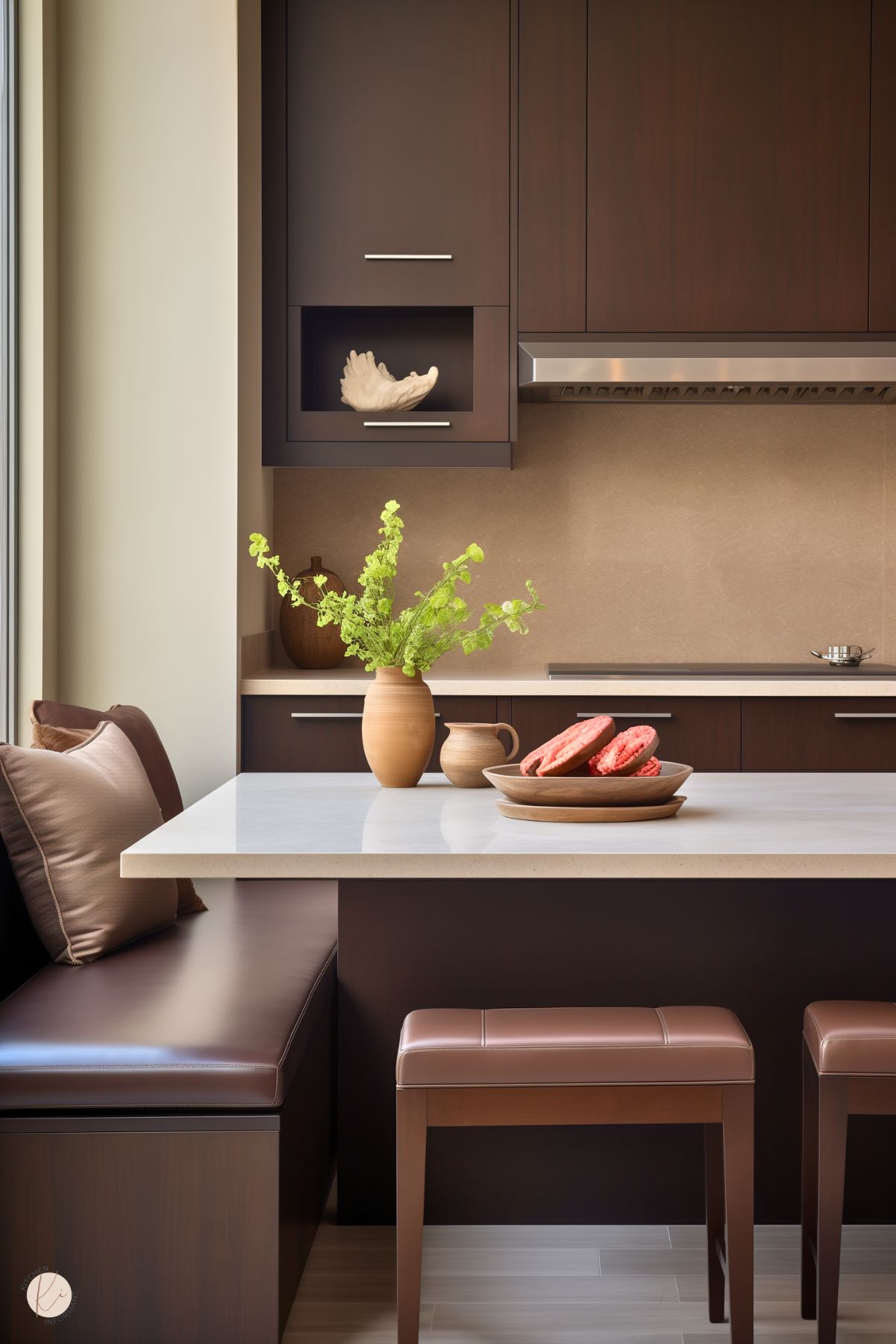 A cozy kitchen nook with deep brown cabinetry, a beige stone countertop, and built-in bench seating with leather cushions. The space features modern minimalist design, accented by a simple backsplash, stainless steel range hood, and decorative vases. A small table extends from the counter, paired with matching leather stools for a warm and inviting dining area.