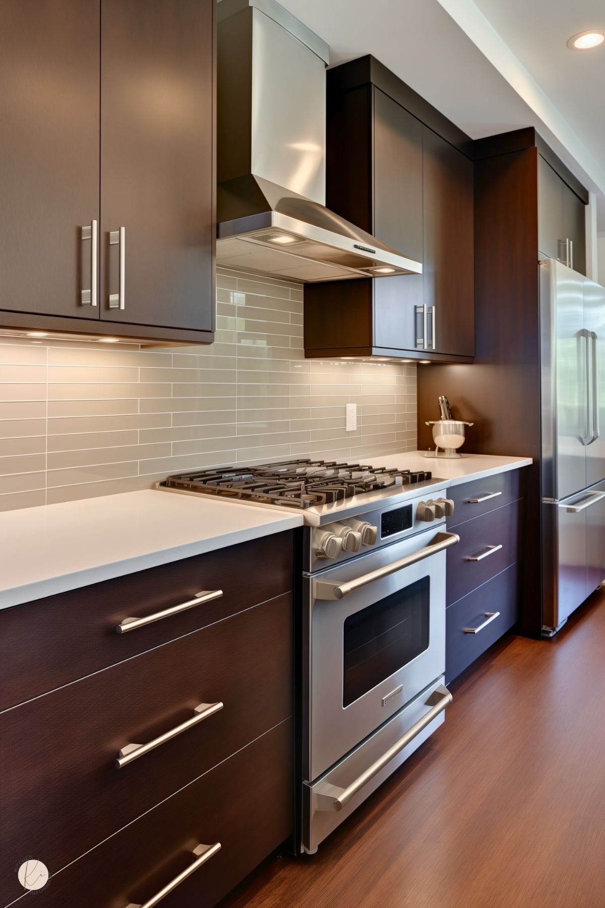 A modern kitchen with deep brown cabinetry, sleek stainless steel appliances, and a glossy beige subway tile backsplash. The white quartz countertops contrast with the dark wood tones, while under-cabinet lighting highlights the clean, minimalist design.