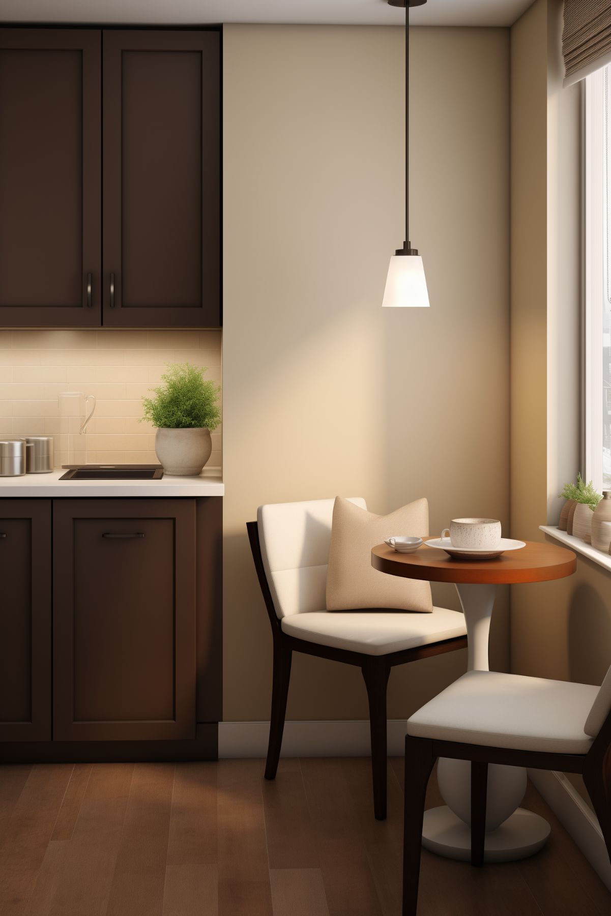 A cozy kitchen nook with deep brown cabinetry, beige walls, and a small round table by the window. Soft white upholstered chairs with matching pillows create an inviting space. A single pendant light adds warmth, while the countertop features a potted plant and simple decor for a minimalist touch.