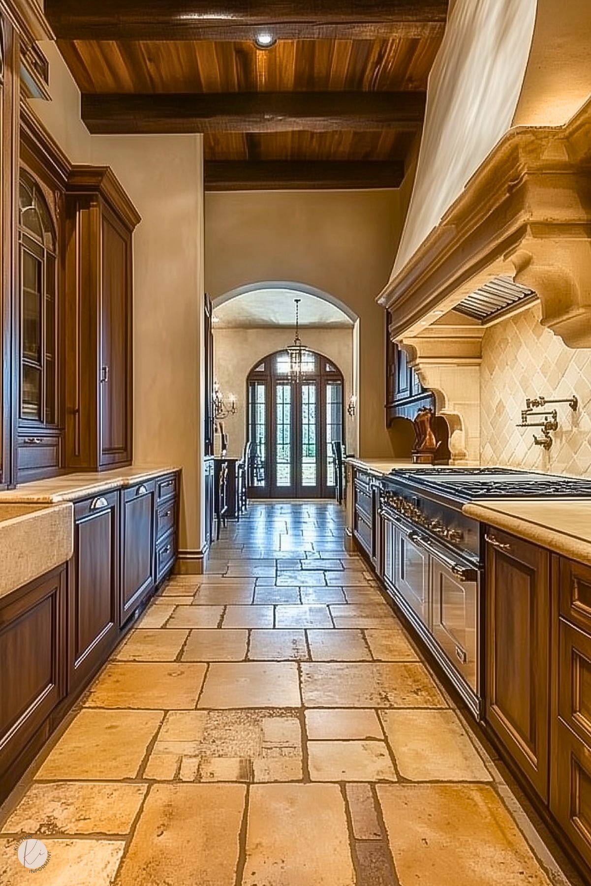 A kitchen with dark wood cabinetry, a stone farmhouse sink, and a beige tiled backsplash. The space includes a large decorative range hood and a professional-grade stainless steel gas range. The flooring features natural stone tiles in a warm, earthy tone. Exposed wood ceiling beams and an arched doorway leading to a dining area with large glass doors enhance the traditional design. Wall sconces and natural light provide illumination.