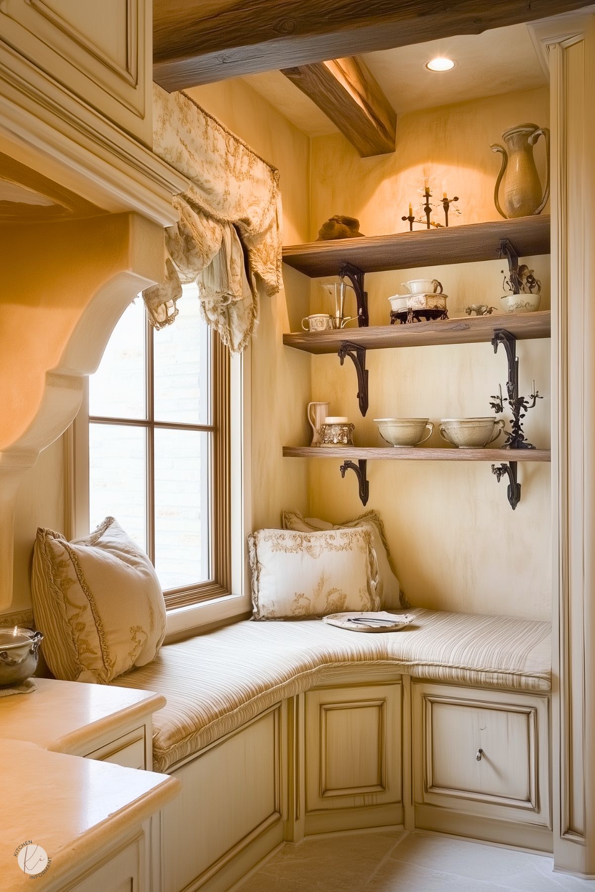 A cozy kitchen nook featuring a built-in bench with cream cabinetry and upholstered cushions in neutral tones. The space includes open wooden shelves supported by decorative wrought iron brackets, displaying vintage dishware and accents. A large window with detailed curtains allows natural light to brighten the area. Exposed wooden ceiling beams and warm-toned walls add to the rustic and inviting atmosphere.