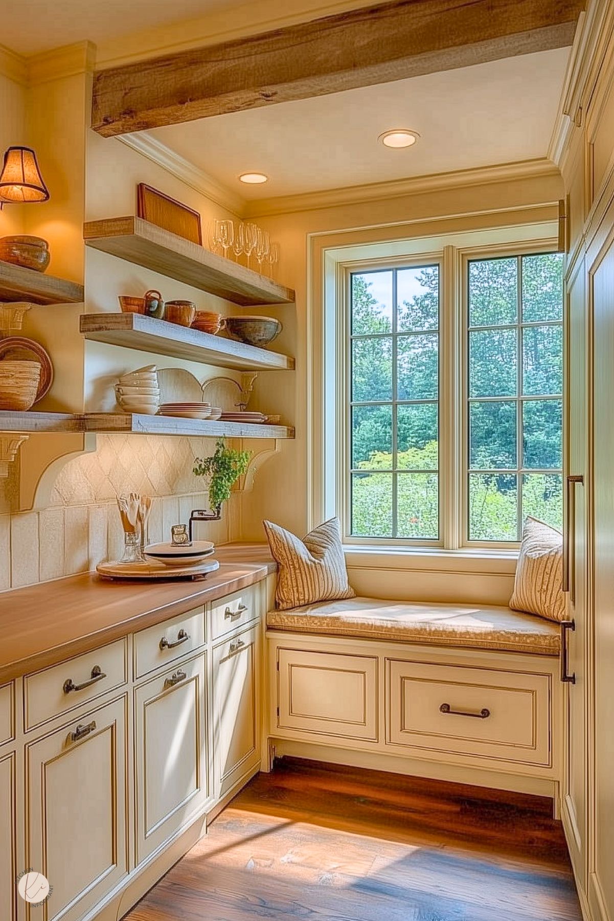 A charming kitchen nook with cream cabinetry, wooden countertops, and open shelves made of natural wood supported by decorative brackets. The space features a built-in window seat with cushioned seating beneath a large window that provides ample natural light. A small table lamp and under-shelf lighting add warmth to the area, which is accented with dishware, pottery, and a potted plant. The hardwood flooring enhances the cozy and inviting design.