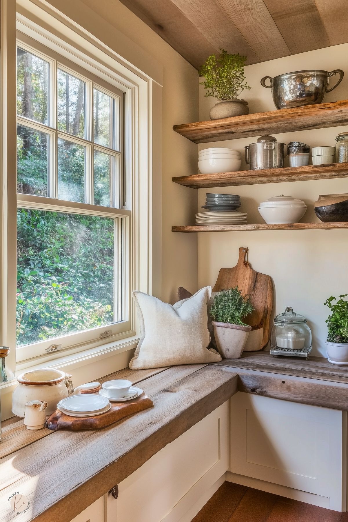 A cozy kitchen corner featuring a built-in bench with white cabinetry and natural wood countertops. Open wooden shelves hold dishware, cookware, and decor, including potted herbs and a cutting board. A large window offers a view of lush greenery, bringing in natural light. The design highlights rustic elements, such as a wood-paneled ceiling and warm, earthy tones, creating a welcoming and functional space.