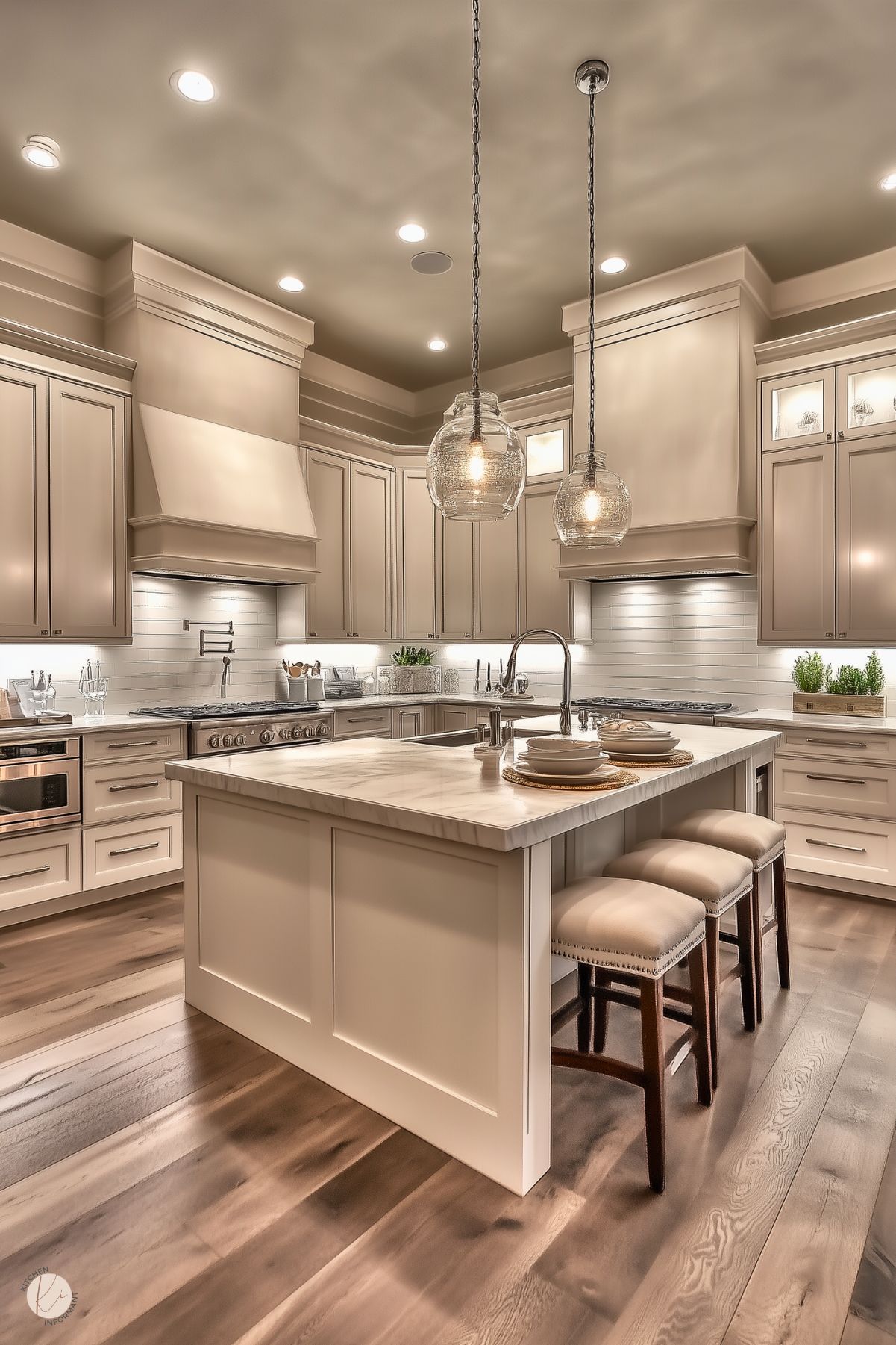 A kitchen with beige cabinetry, a marble countertop island, and paneled details. The space features a large decorative range hood, a subway tile backsplash, and stainless steel appliances. Pendant lights with glass shades hang above the island, which includes a built-in sink and upholstered stools. Hardwood flooring complements the neutral tones, while under-cabinet lighting highlights the workspace. Decorative greenery adds a touch of freshness.