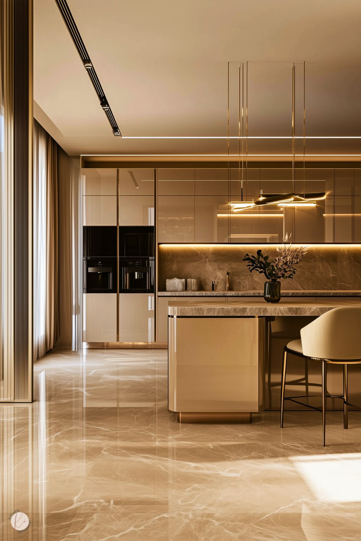 A modern kitchen with sleek, high-gloss cabinetry in warm beige tones, complemented by integrated black appliances. The countertops and backsplash feature polished marble with subtle veining, while a large island includes rounded edges and a matching marble top. The floor is finished with glossy marble tiles, reflecting the ambient lighting. Suspended minimalist pendant lights and hidden LED strip lighting add sophistication to the space, creating a luxurious atmosphere.