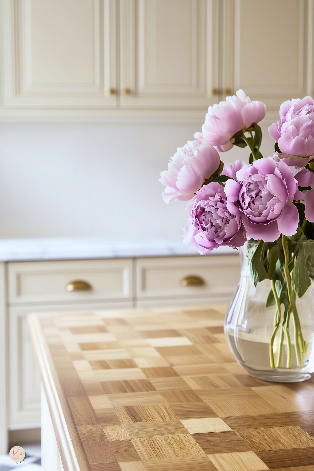 A kitchen with cream cabinetry featuring brass hardware and a marble countertop. In the foreground, a butcher block-style island with a checkerboard wood pattern serves as a focal point. A vase of light pink peonies adds a decorative touch, softening the clean, neutral design. The space highlights a balance of natural textures and elegant finishes.