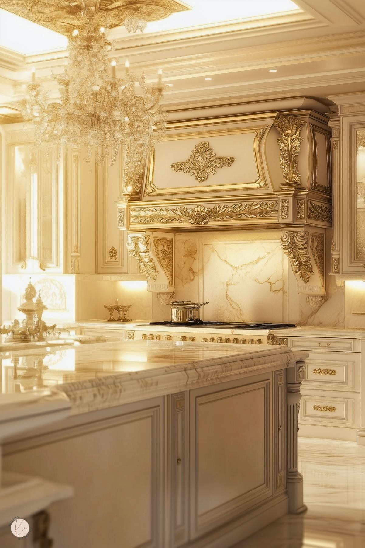 An opulent kitchen with a grand decorative range hood adorned with gold accents and intricate carvings. The countertops and backsplash feature luxurious marble with golden veining, complementing the ornate cabinetry. A crystal chandelier hangs from a coffered ceiling, adding elegance to the space. Detailed moldings and embellishments throughout create a regal and sophisticated ambiance.