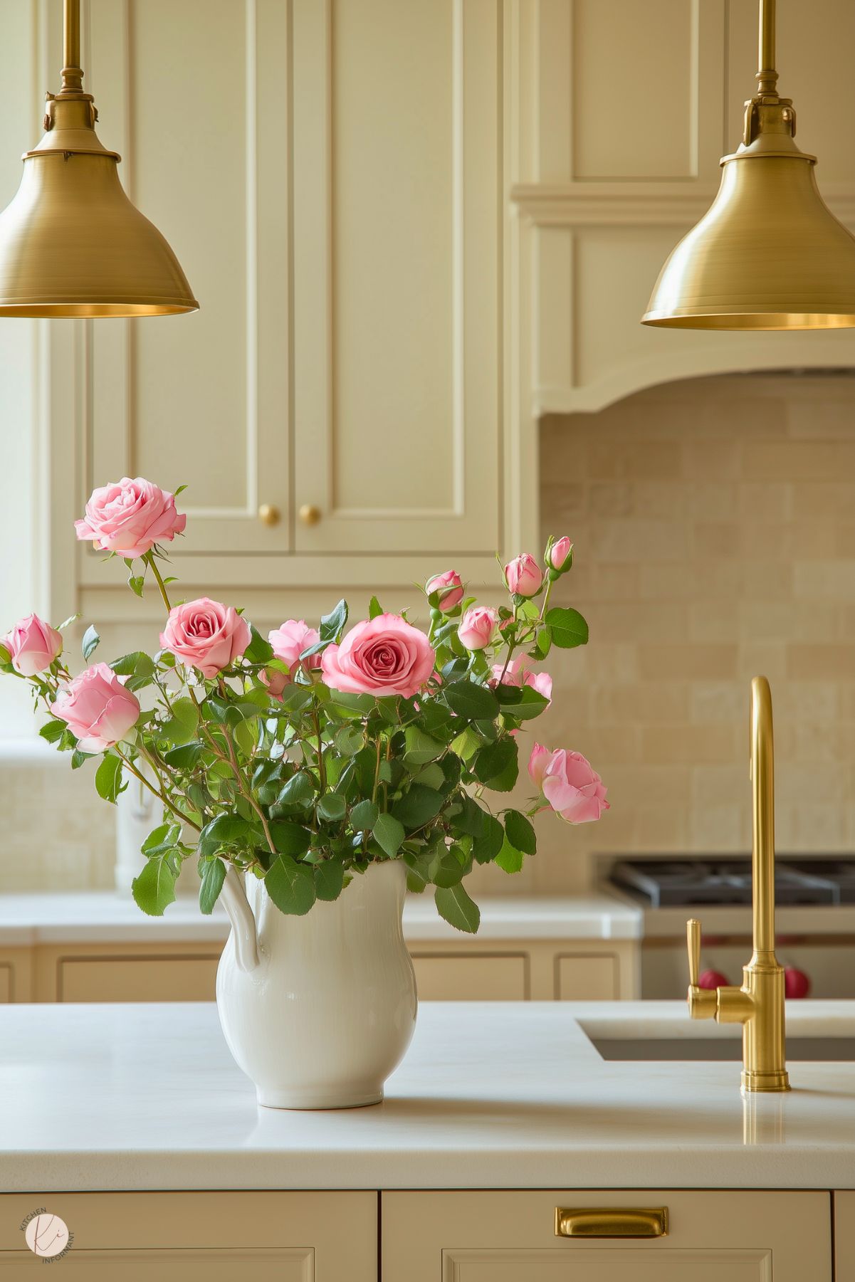 A bright kitchen featuring cream cabinetry with brass hardware and a white countertop. The island includes a gold-tone faucet and is illuminated by two brass pendant lights. A vase of fresh pink roses serves as a centerpiece, adding a touch of color. The backsplash is made of neutral tiles, complementing the warm, cohesive design of the space.