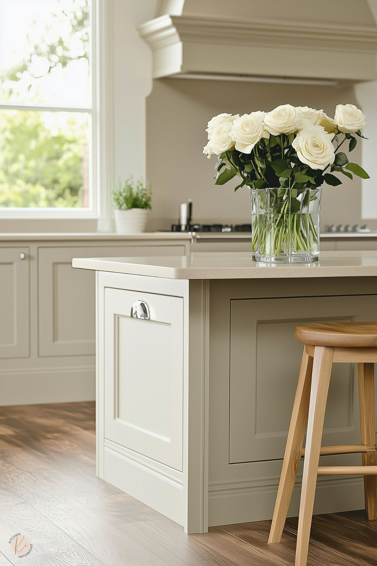 A kitchen with light beige cabinetry, a quartz countertop island, and a decorative range hood. The island includes a chrome cup pull handle and a wooden stool. The room features hardwood flooring, a large window allowing natural light, and a vase of white roses as a centerpiece. A small potted plant is placed on the countertop near a gas cooktop. The design emphasizes soft neutral tones and simple details.