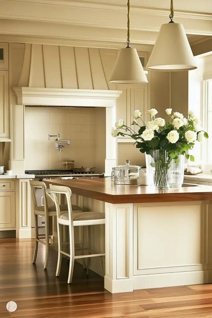 A kitchen with cream-colored cabinetry, a wood countertop island, paneled detailing, and hardwood flooring. The space includes two beige pendant lights above the island, rustic barstools, a vase with white roses, and a range with a built-in pot filler under a decorative hood. Natural light enters through a large window, highlighting the neutral tones.