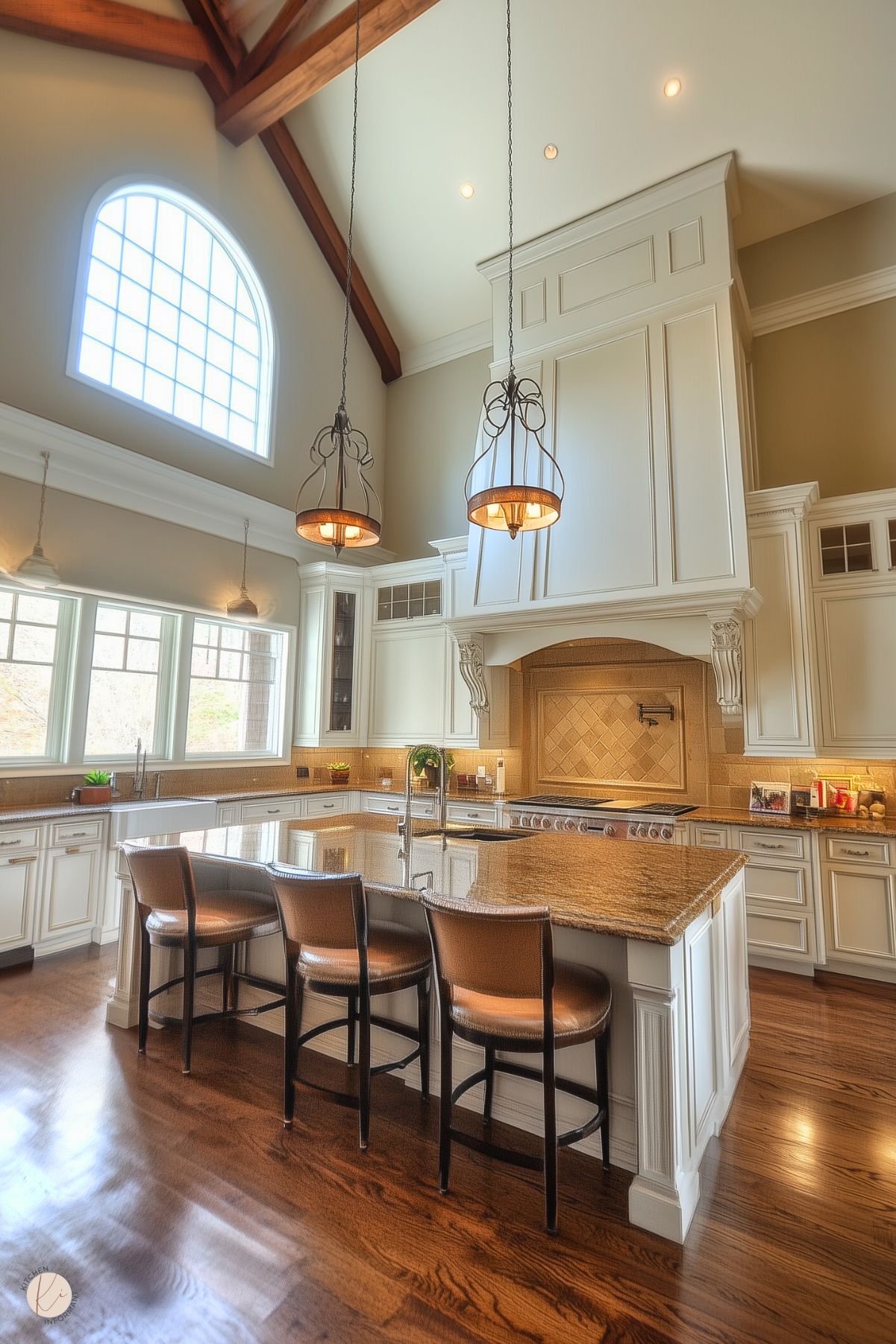 A grand kitchen with vaulted ceilings featuring exposed wooden beams and large arched windows providing ample natural light. The design includes white cabinetry with a large decorative range hood, a tiled backsplash, and a farmhouse sink. The center island has a granite countertop, a built-in sink, and seating with upholstered barstools. Ornate pendant lights with wrought iron details hang above the island, and the hardwood flooring adds warmth to the space.