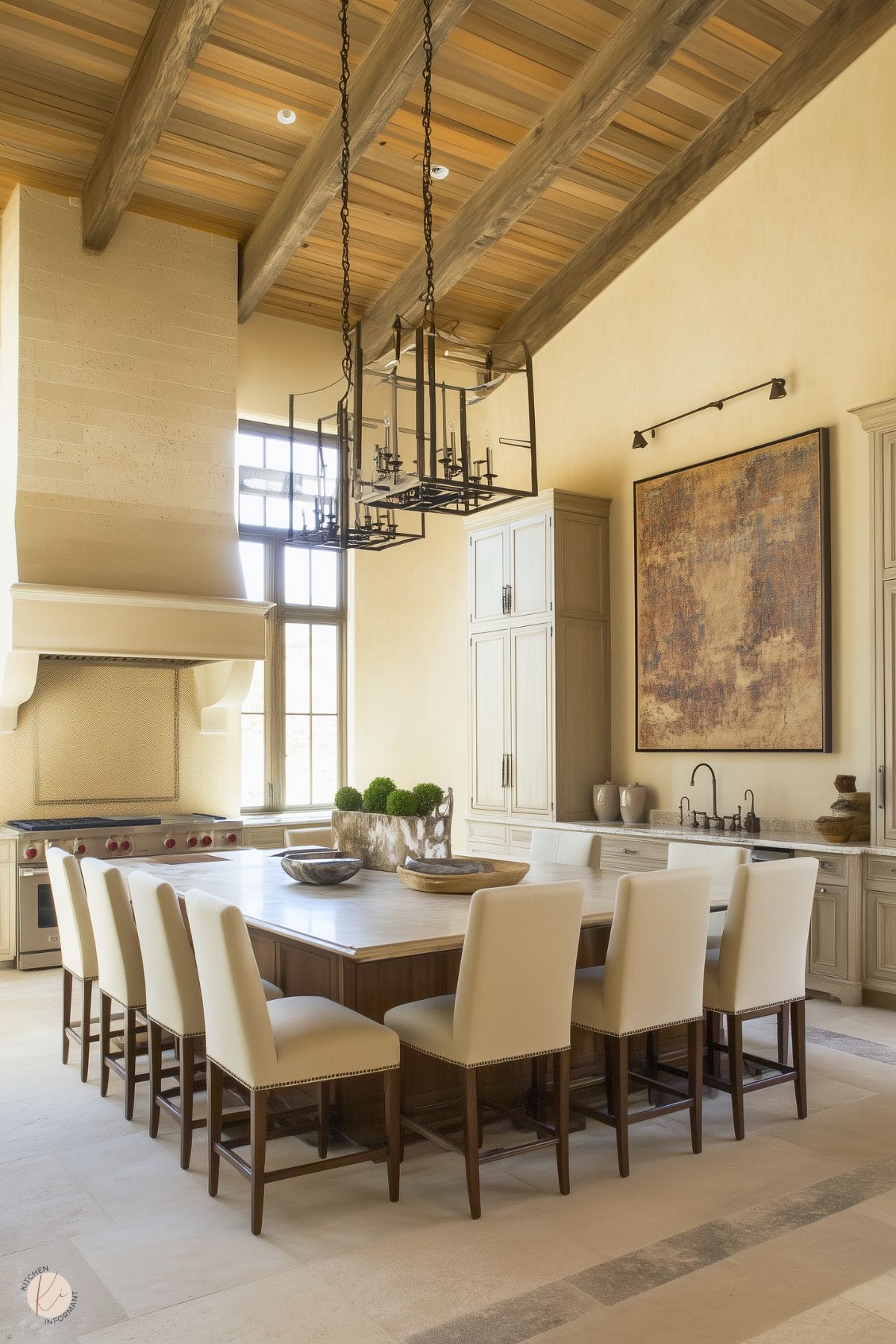 A spacious kitchen with vaulted ceilings featuring exposed wood beams and a large custom hood over a professional-grade stove. A central island with a light wood surface is surrounded by upholstered chairs with nailhead trim, serving as both a dining and workspace. The walls are painted in warm neutral tones, complemented by a large abstract art piece. Industrial-style chandeliers add a modern touch, while natural light floods in through tall windows, enhancing the bright and inviting atmosphere.