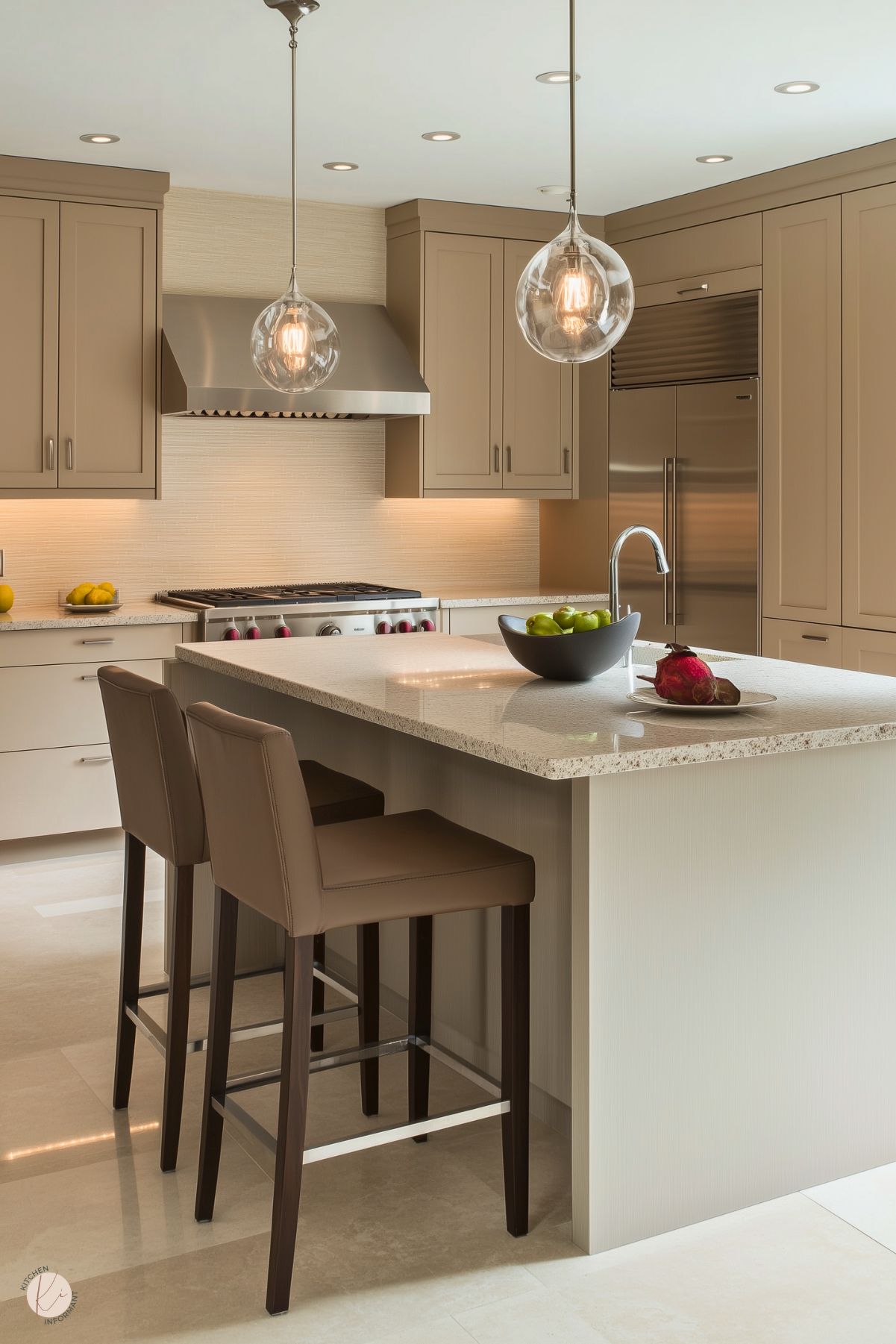 A contemporary kitchen with beige cabinetry, a stainless steel range hood, and integrated appliances, including a large refrigerator. The quartz countertop island features a built-in sink and a seating area with two brown leather barstools. Pendant lights with clear glass shades hang above the island. The backsplash has a subtle textured design, and under-cabinet lighting provides additional illumination. A bowl of fruit adds a simple accent.