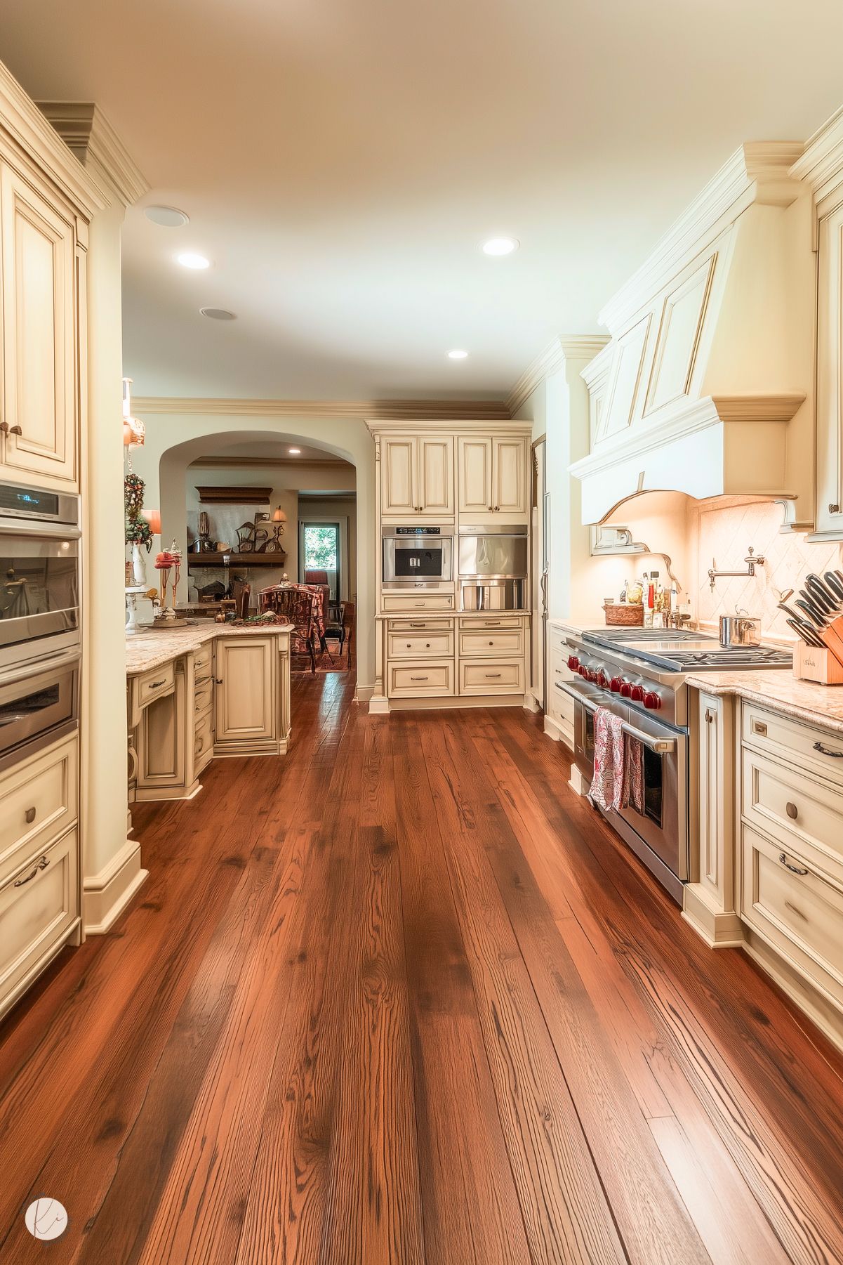 A traditional kitchen with cream-colored cabinetry, crown molding, and paneled details. The space features a stainless steel range with a decorative hood, double ovens, and a built-in microwave. The countertops are granite, and a pot filler is installed above the range. Warm hardwood floors run throughout the kitchen, leading to an arched doorway that connects to an adjacent dining area. Recessed lighting illuminates the space.