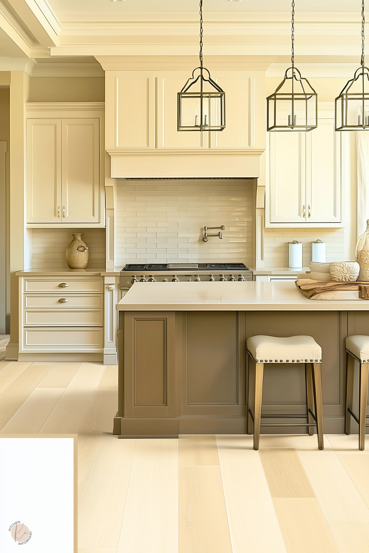 A kitchen with cream cabinetry, a beige subway tile backsplash, and a large island with a contrasting taupe base and a white countertop. The range includes a decorative hood and a built-in pot filler. The island features two upholstered stools with nailhead trim. Black lantern-style pendant lights hang above, and light wood flooring complements the neutral tones. Decorative elements include vases and wooden serving boards.