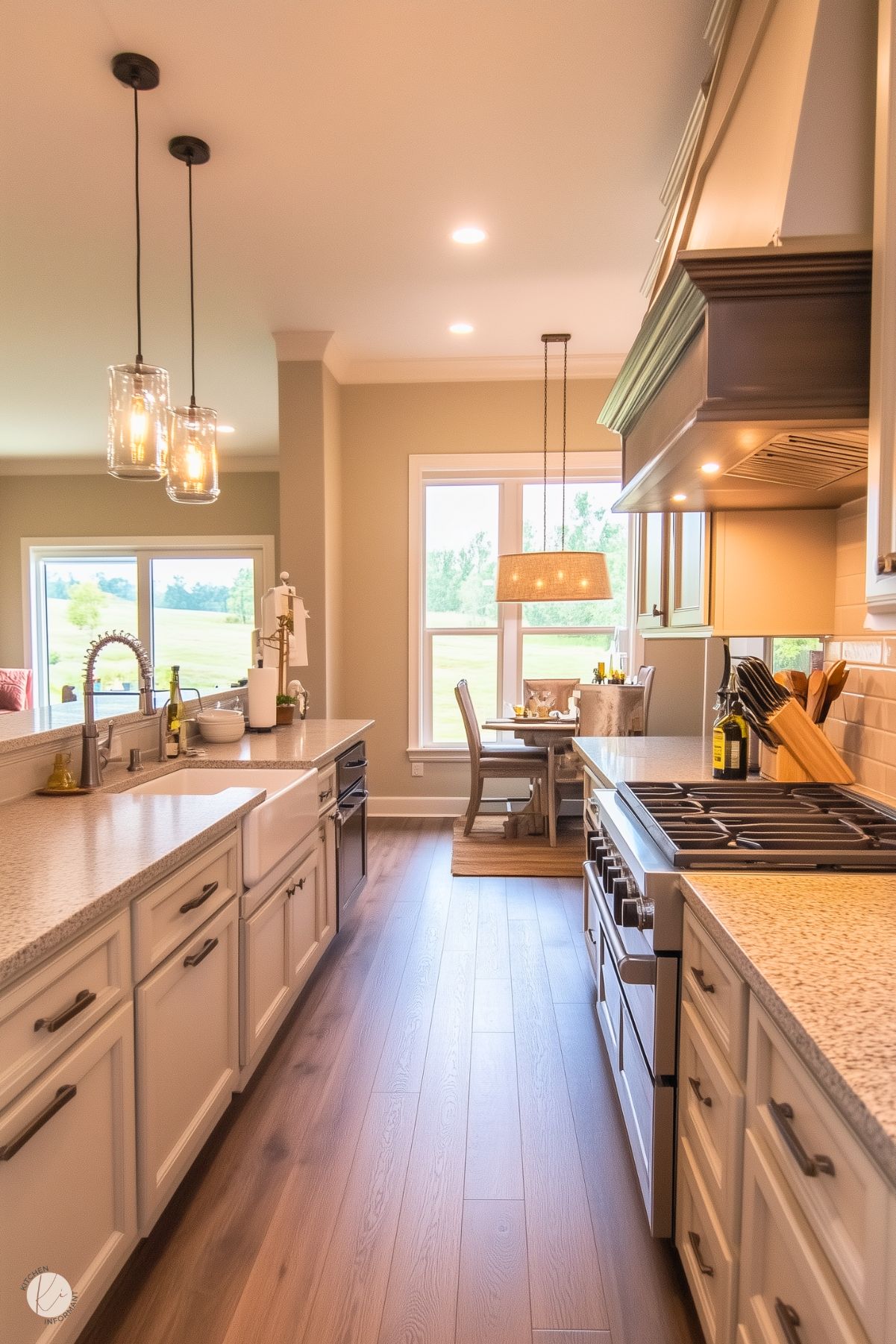 A galley-style kitchen with light cabinetry, granite countertops, and a farmhouse sink. The space includes a stainless steel gas range under a decorative hood, pendant lighting with glass shades, and wood-look flooring. A dining area with a large window and woven light fixture is visible at the end of the kitchen. The design integrates natural light from multiple windows, emphasizing the warm and neutral tones.