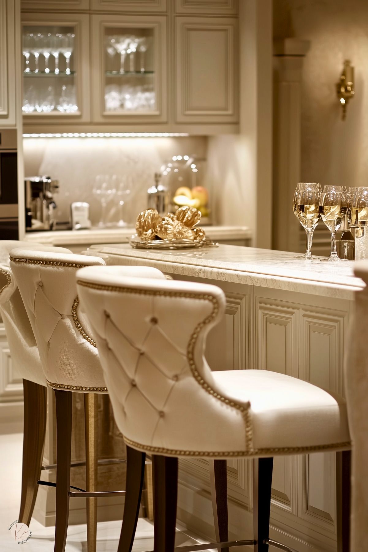 A bar area with light cabinetry featuring glass-front upper cabinets showcasing glassware. The marble countertop is paired with tufted upholstered barstools with nailhead trim. The space is accented with under-cabinet lighting, decorative golden elements, and wine glasses set on the counter. The warm neutral tones and soft lighting create an inviting and elegant atmosphere.