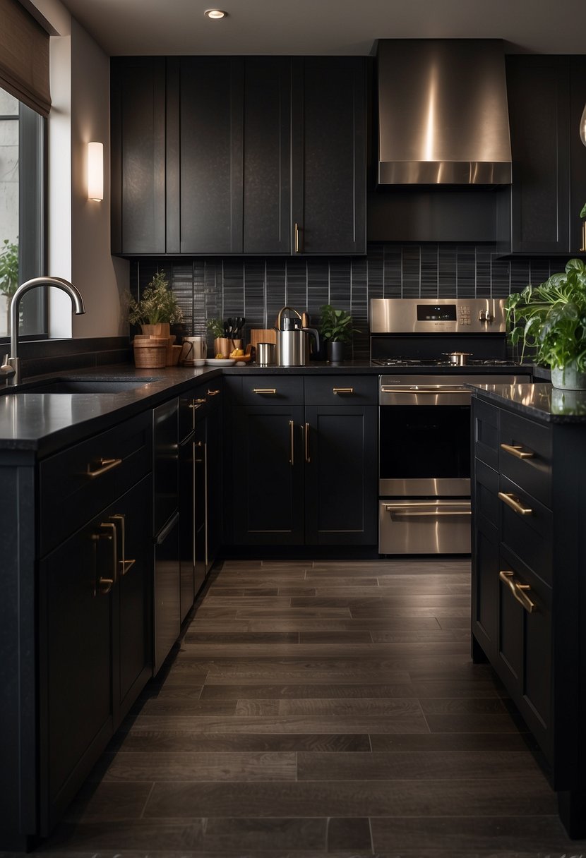 A dimly lit kitchen with sleek black cabinets, granite countertops, and moody lighting. Metallic accents and dark wood flooring add to the dramatic ambiance