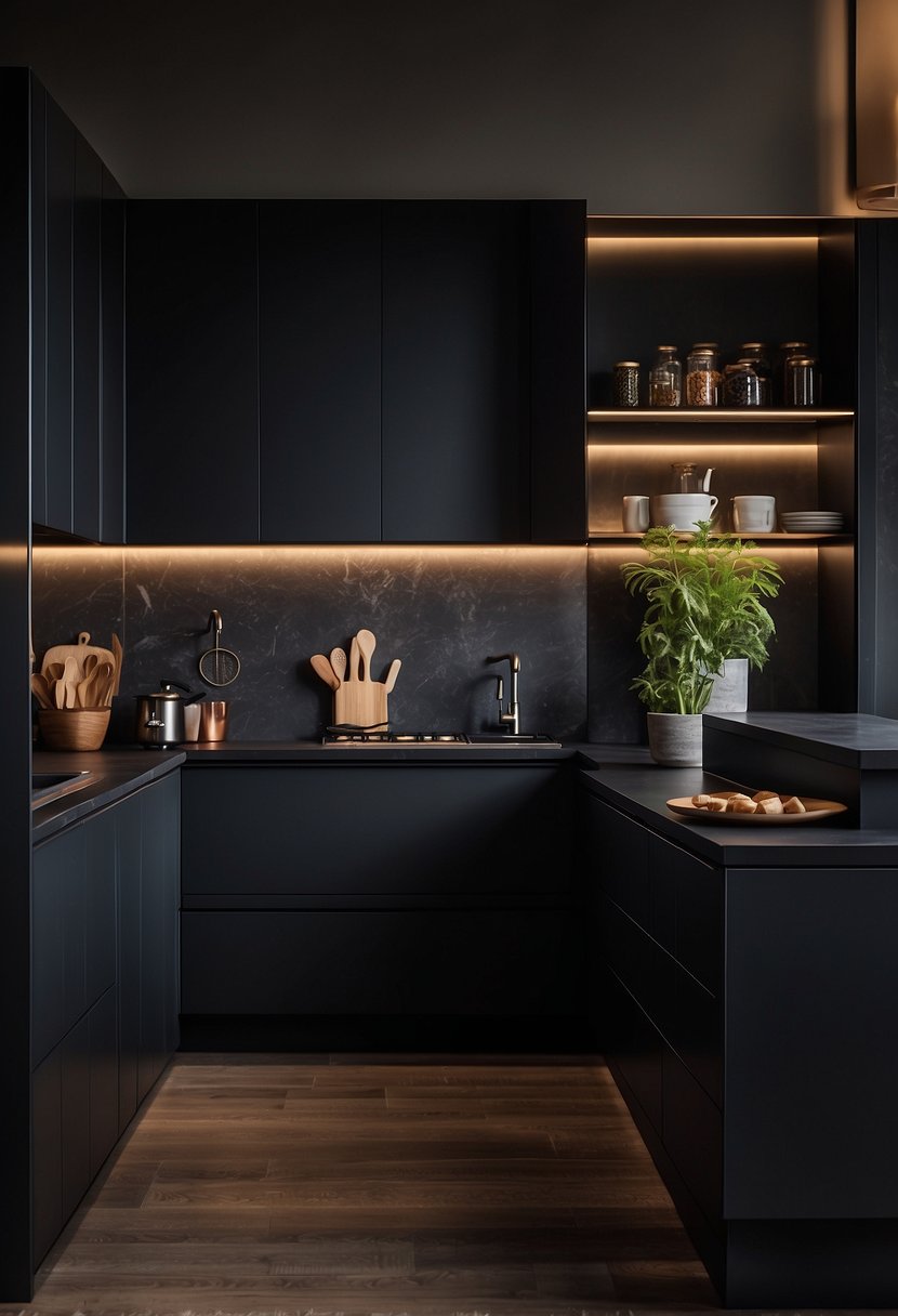 A dimly lit kitchen with sleek, black cabinets and countertops. Soft, ambient lighting highlights the deep tones, creating a modern and sophisticated atmosphere