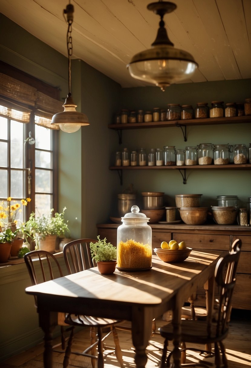 A farmhouse kitchen with warm, earthy colors. A rustic wooden table surrounded by vintage chairs. Shelves filled with jars of colorful spices. Sunlight streaming in through a window, casting a warm glow over the room