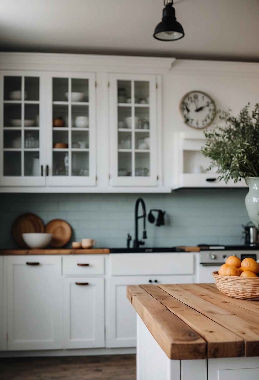 A farmhouse kitchen with white cabinetry, wooden countertops, and soft pastel colors