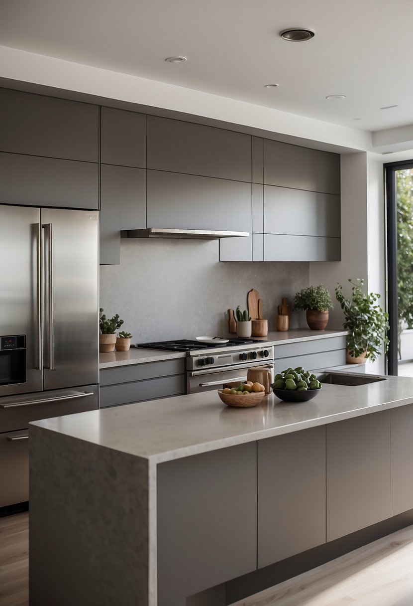 A greige kitchen island stands as the focal point in a modern cooking space, surrounded by sleek appliances and minimalist decor