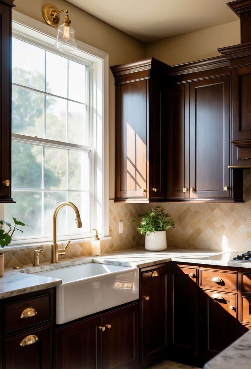 A cozy kitchen with warm beige walls and deep brown cabinets, accented with gold hardware and a marble countertop. Sunlight streams in through the window, casting a warm glow over the space