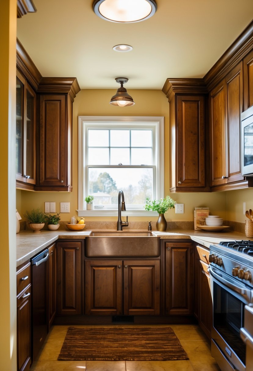 A cozy kitchen with warm beige walls, deep brown cabinets, and earthy accents. Sunlight streams in through the window, casting a warm glow over the space