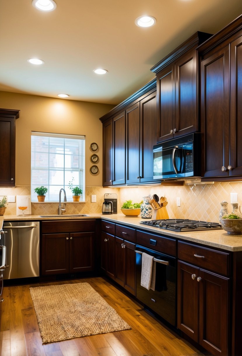 A cozy kitchen with warm beige walls and deep brown cabinets. Soft lighting illuminates the space, highlighting the accessories and creating a welcoming atmosphere