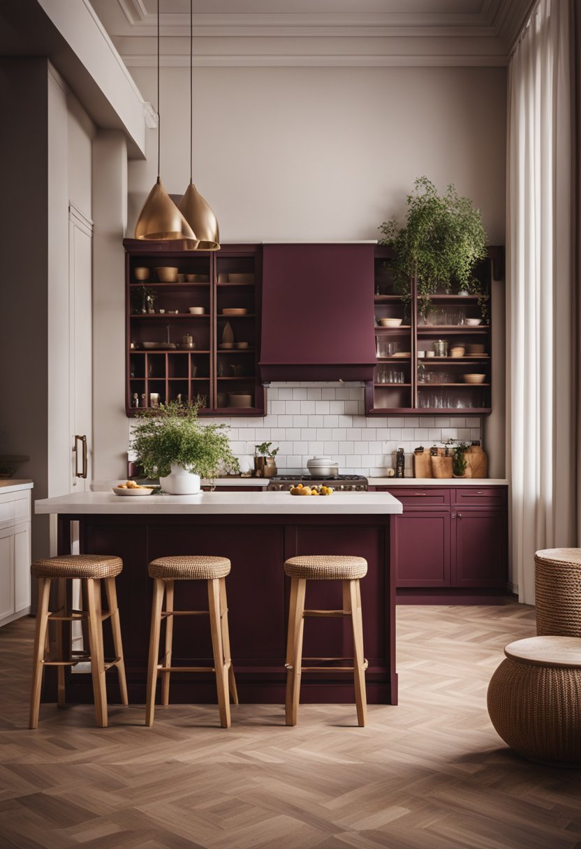 A cozy kitchen with a burgundy island as the focal point, adorned with elegant decor and surrounded by warm, inviting tones