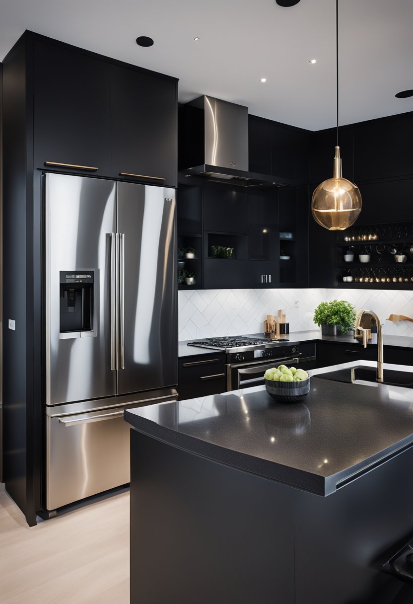 A sleek, modern black kitchen with clean lines, stainless steel appliances, and minimalist décor