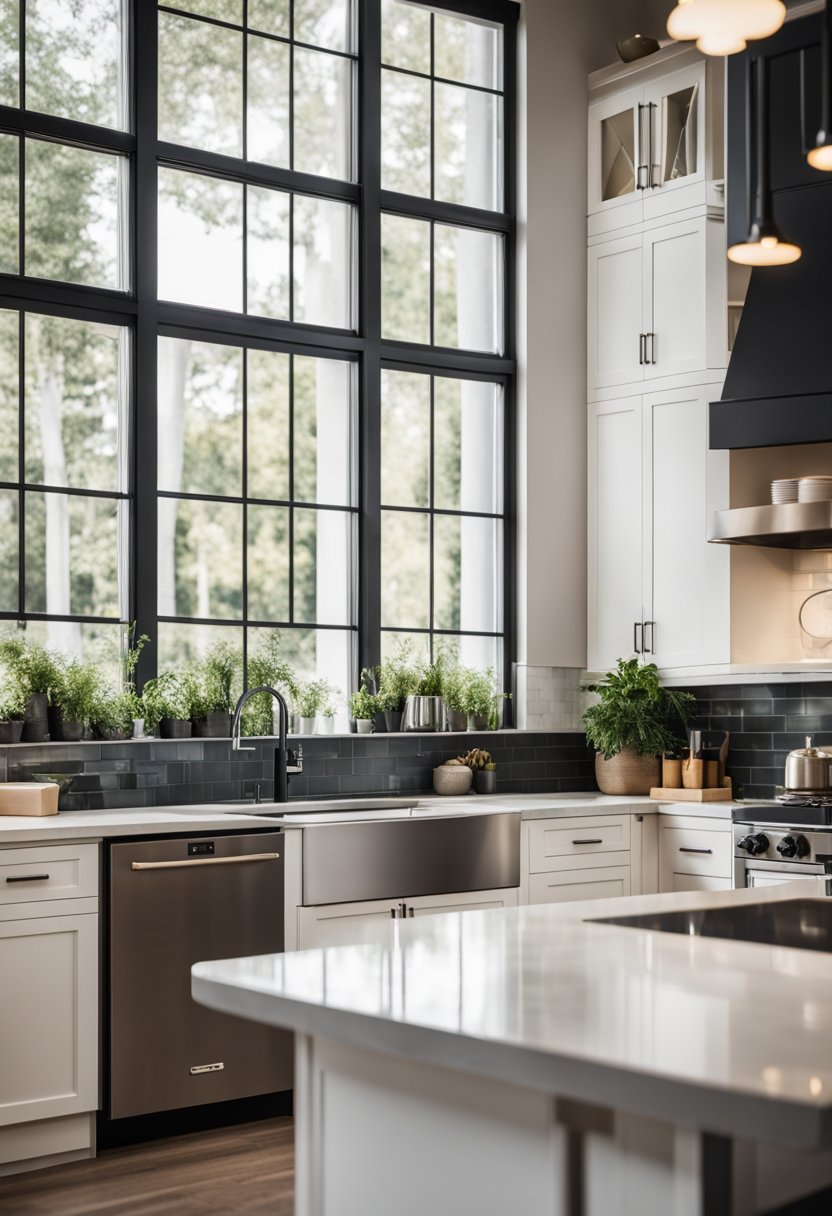 An open kitchen with modern appliances and a spacious island. Natural light floods the room through large windows, highlighting the sleek countertops and stylish decor