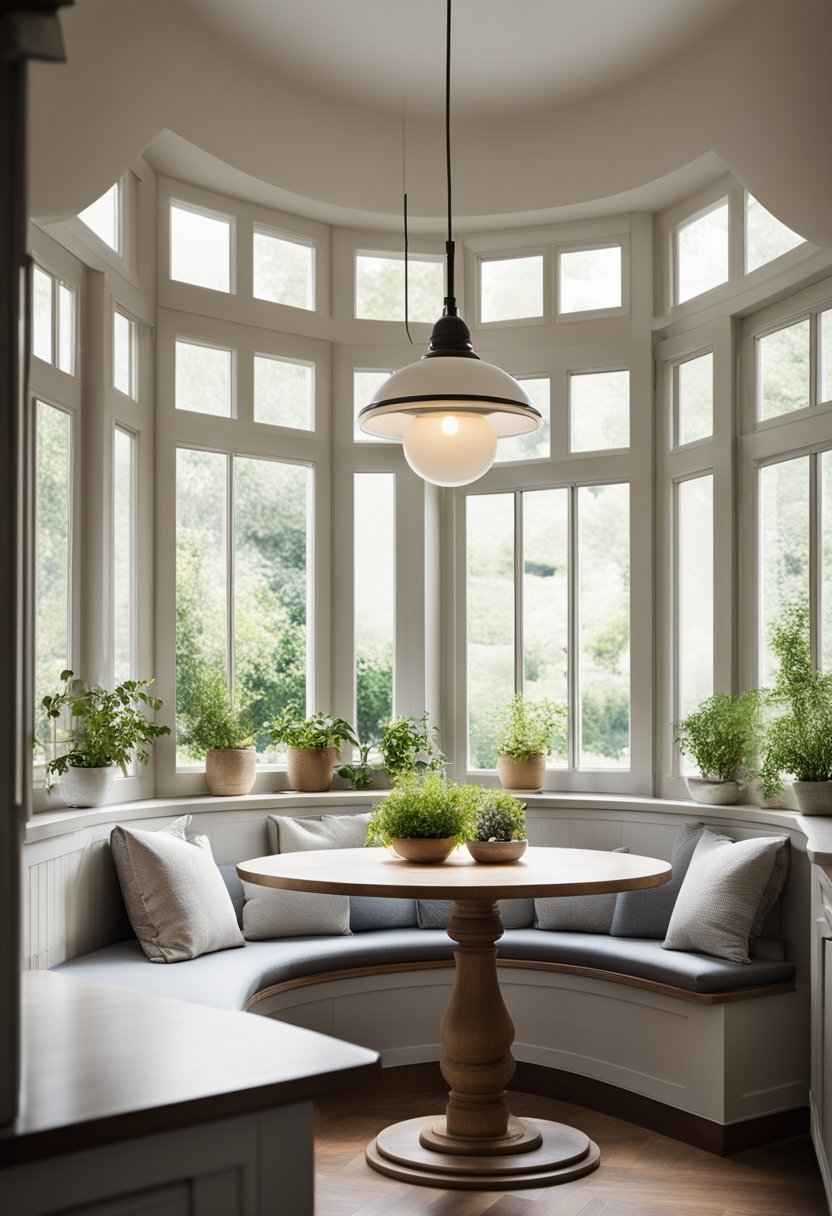 A small kitchen nook with a round table, cushioned bench, and oversized windows overlooking a garden. A hanging pendant light creates a warm ambiance