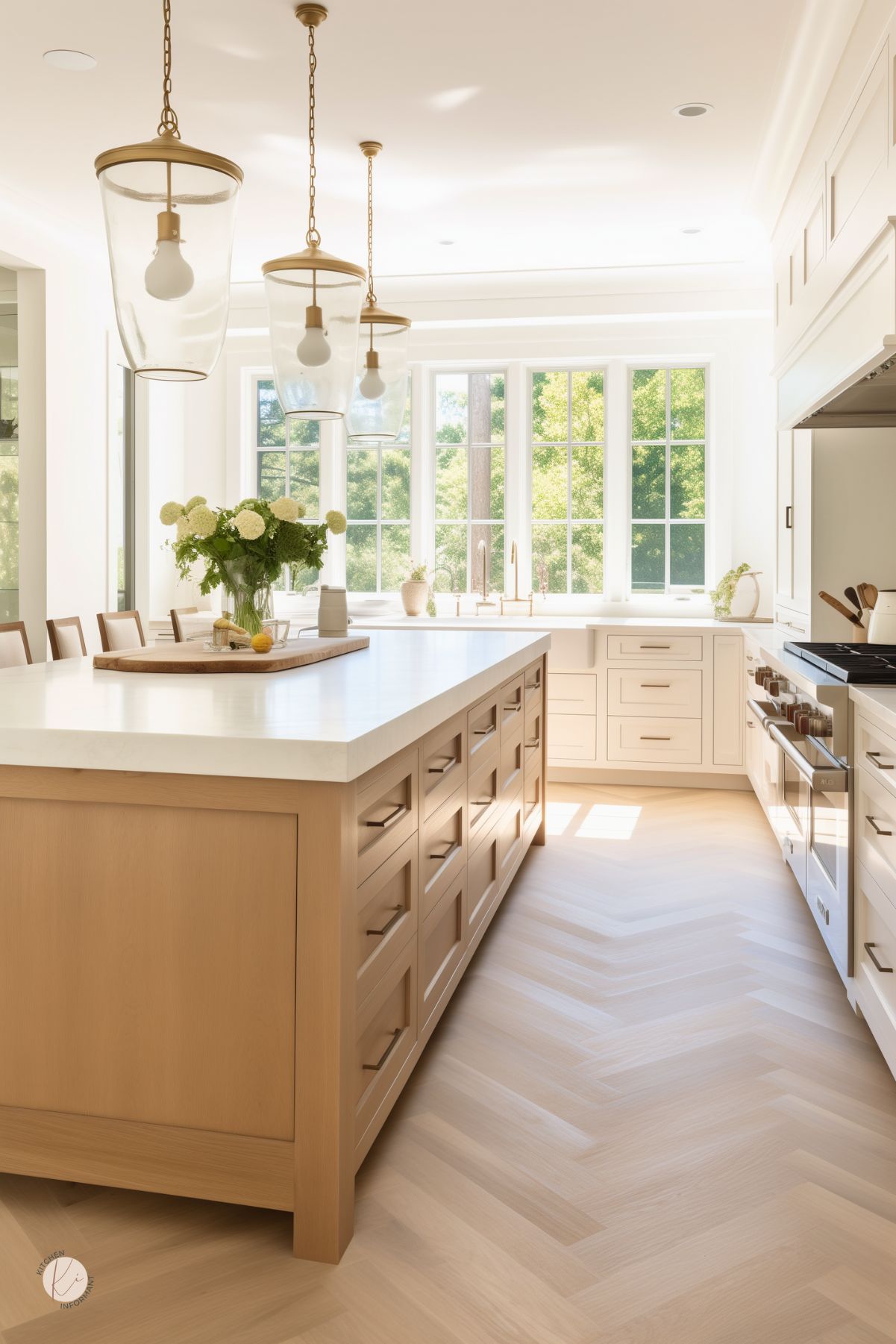 A bright kitchen with a large white oak island featuring a white stone countertop and ample drawer storage. Glass pendant lights with brass accents hang above the island, while natural light streams in through large windows. White cabinetry and a farmhouse sink enhance the airy feel, complemented by a herringbone wood floor. A vase with fresh white flowers adds a touch of greenery to the elegant design.