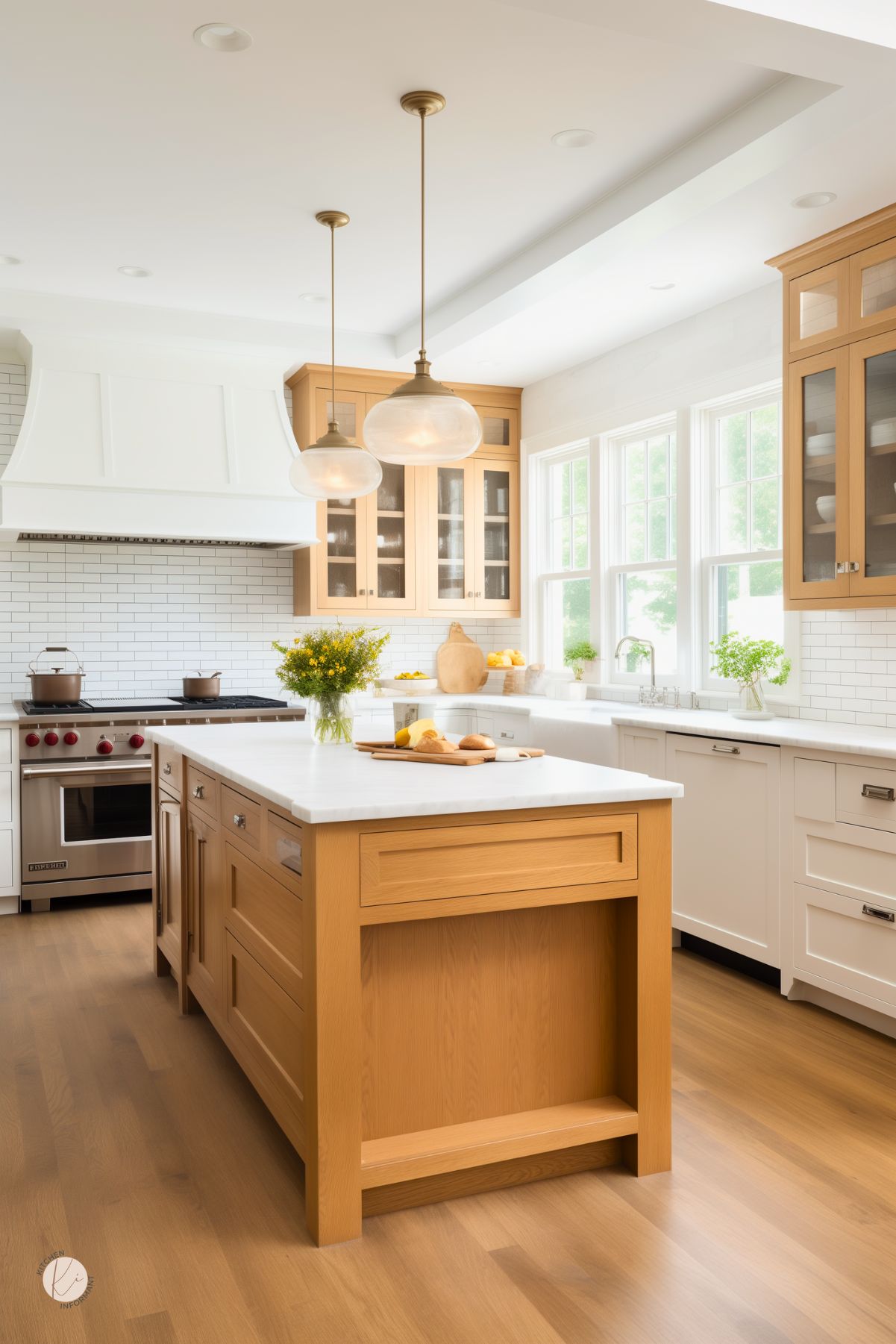 A bright, modern farmhouse kitchen with a white oak island featuring a white stone countertop and built-in storage. Glass pendant lights with brass accents hang above, complementing the warm wood tones. White cabinetry, subway tile backsplash, and a custom range hood create a timeless look. Large windows bring in natural light, while glass-front cabinets display neatly arranged dishes. A vase of yellow flowers adds a fresh touch.