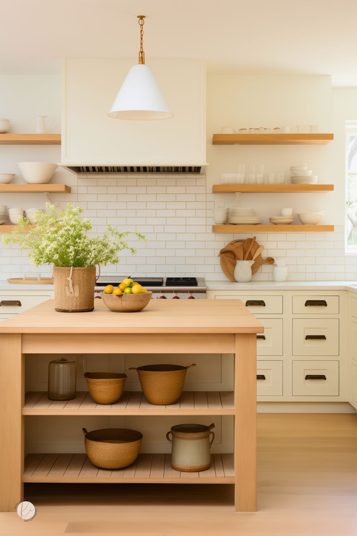 A minimalist kitchen with a white oak island featuring open shelving for storage and a smooth wood countertop. A white pendant light with a brass chain hangs above, adding warmth to the space. White cabinetry with black hardware contrasts with a white subway tile backsplash. Floating wooden shelves display neatly arranged dishes, while woven baskets and natural decor enhance the organic, rustic charm of the space.