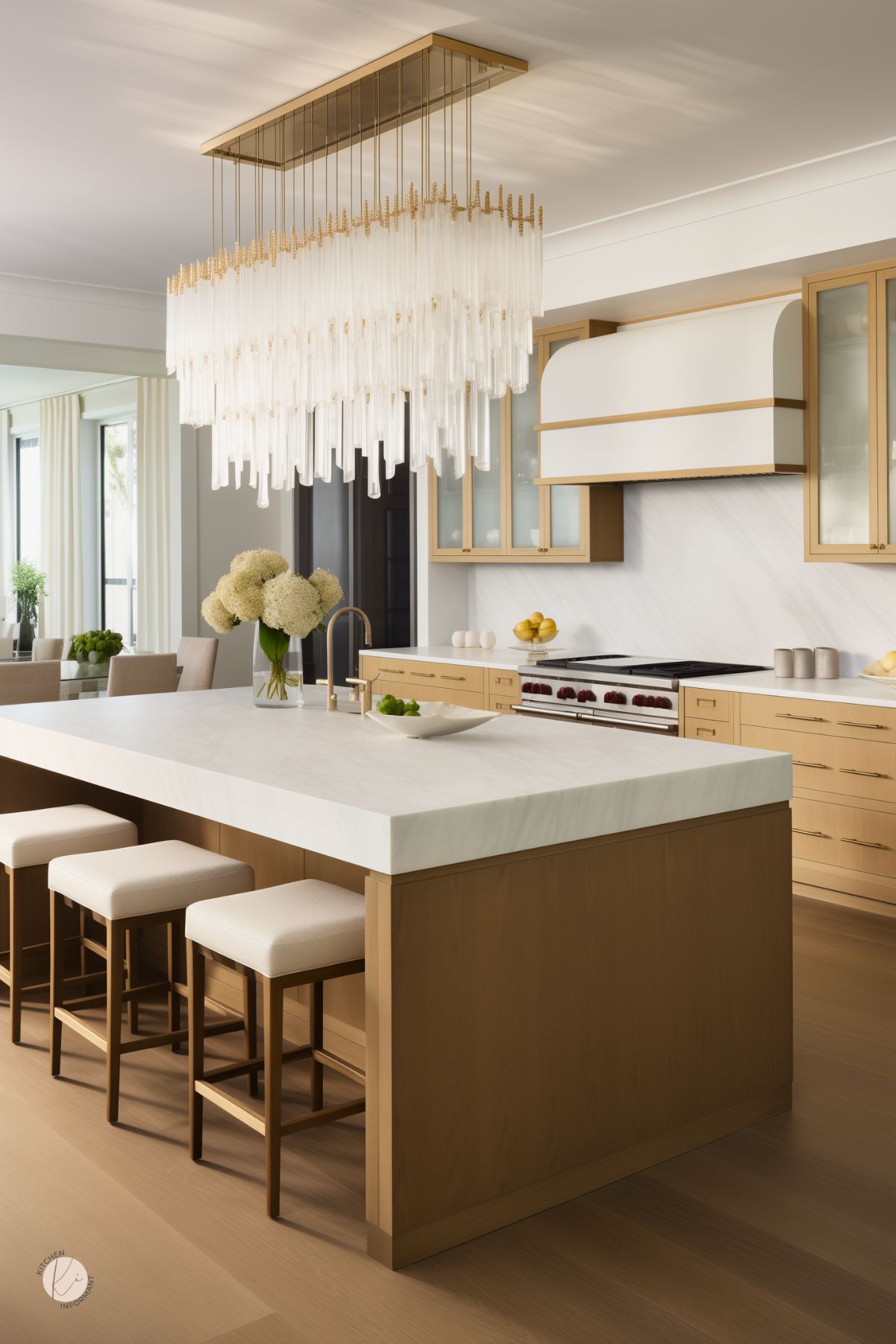 A luxurious kitchen with a large white oak island featuring a thick white stone countertop and upholstered barstools. A striking glass and gold chandelier hangs above, adding a dramatic focal point. The cabinetry combines white oak and glass-front panels, with a sleek white range hood accented by gold trim. A marble backsplash and gold fixtures enhance the elegant, modern aesthetic, while soft lighting and neutral tones create a warm, inviting space.