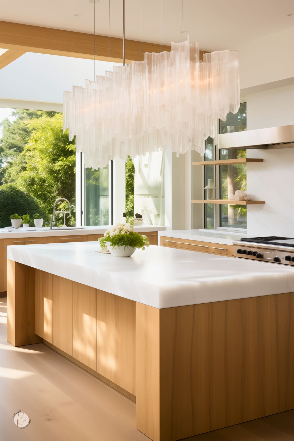 A sleek, modern kitchen with a white oak island featuring a thick white stone countertop. A striking cascading glass chandelier hangs above, adding a dramatic focal point. Large windows and glass doors flood the space with natural light, offering a view of lush greenery. Minimalist wood shelving, a marble backsplash, and stainless steel appliances enhance the airy design. A bowl of fresh flowers adds a natural touch to the island.