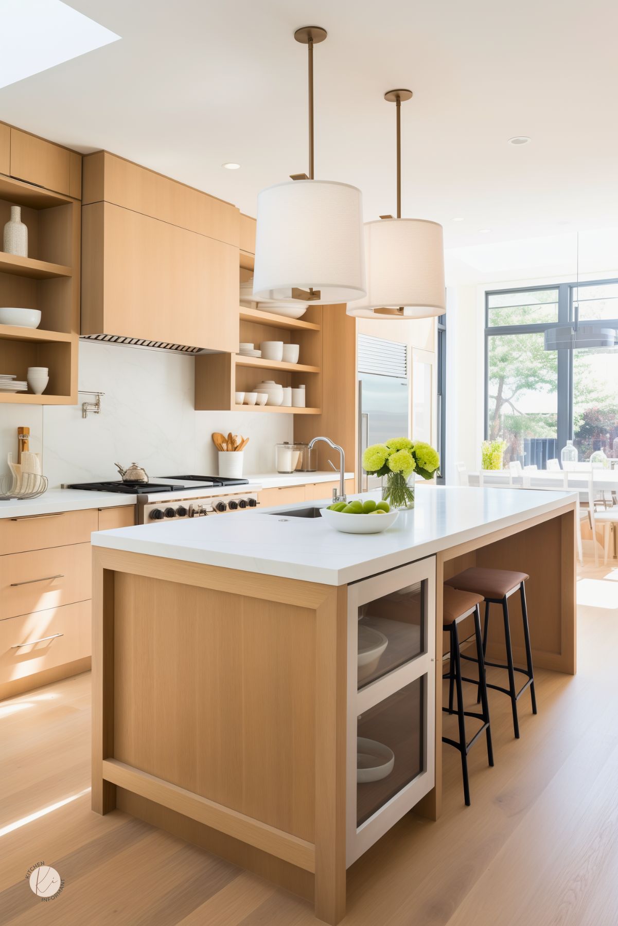 A modern kitchen with a sleek white oak island featuring a white stone countertop, built-in glass storage, and a small sink. Black metal barstools contrast with the warm wood tones. Two large fabric pendant lights hang above, adding softness to the space. Open shelving and minimalist cabinetry provide functional storage, while large windows with black frames let in natural light. A dining area with outdoor views enhances the airy, inviting feel.