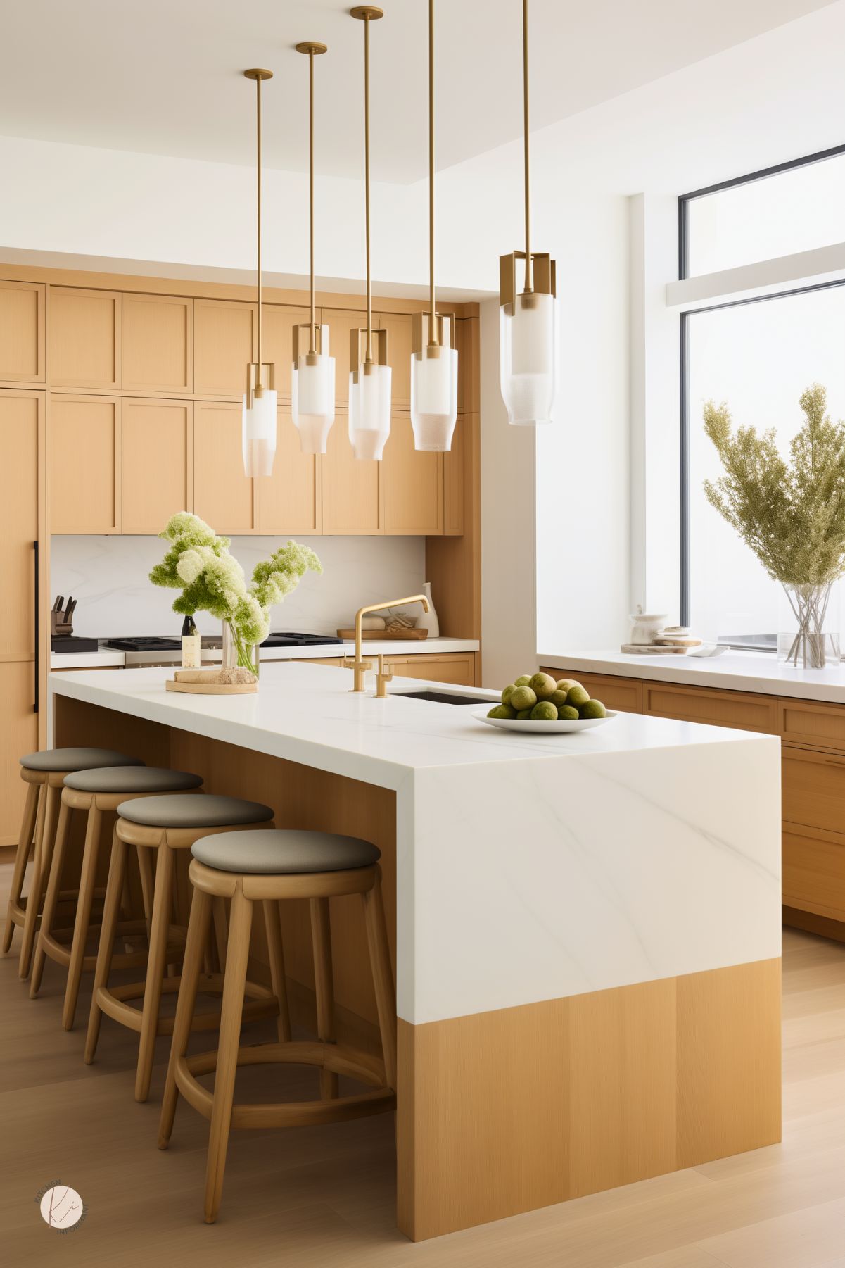 A sleek, modern kitchen with a waterfall-edge white oak island featuring a white marble countertop and brass faucet. Four round wooden barstools with cushioned seats line the island. A row of elongated glass and brass pendant lights hangs above, adding elegance. The cabinetry is warm white oak with a minimalist design, while a large window brings in natural light. A vase of green hydrangeas and a bowl of fresh limes add a vibrant touch.