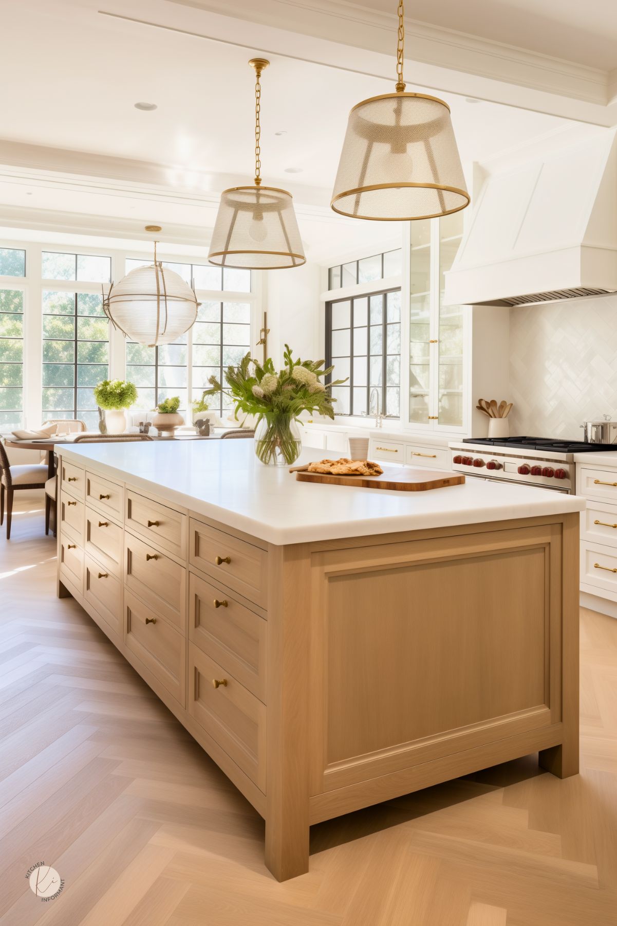 A spacious kitchen with a white oak island featuring a white stone countertop and ample drawer storage with brass hardware. Oversized pendant lights with gold accents hang above, adding warmth to the space. White cabinetry, a herringbone tile backsplash, and large black-framed windows enhance the bright, airy feel. A cozy dining nook with a round table and greenery-filled vases adds charm to the inviting design.